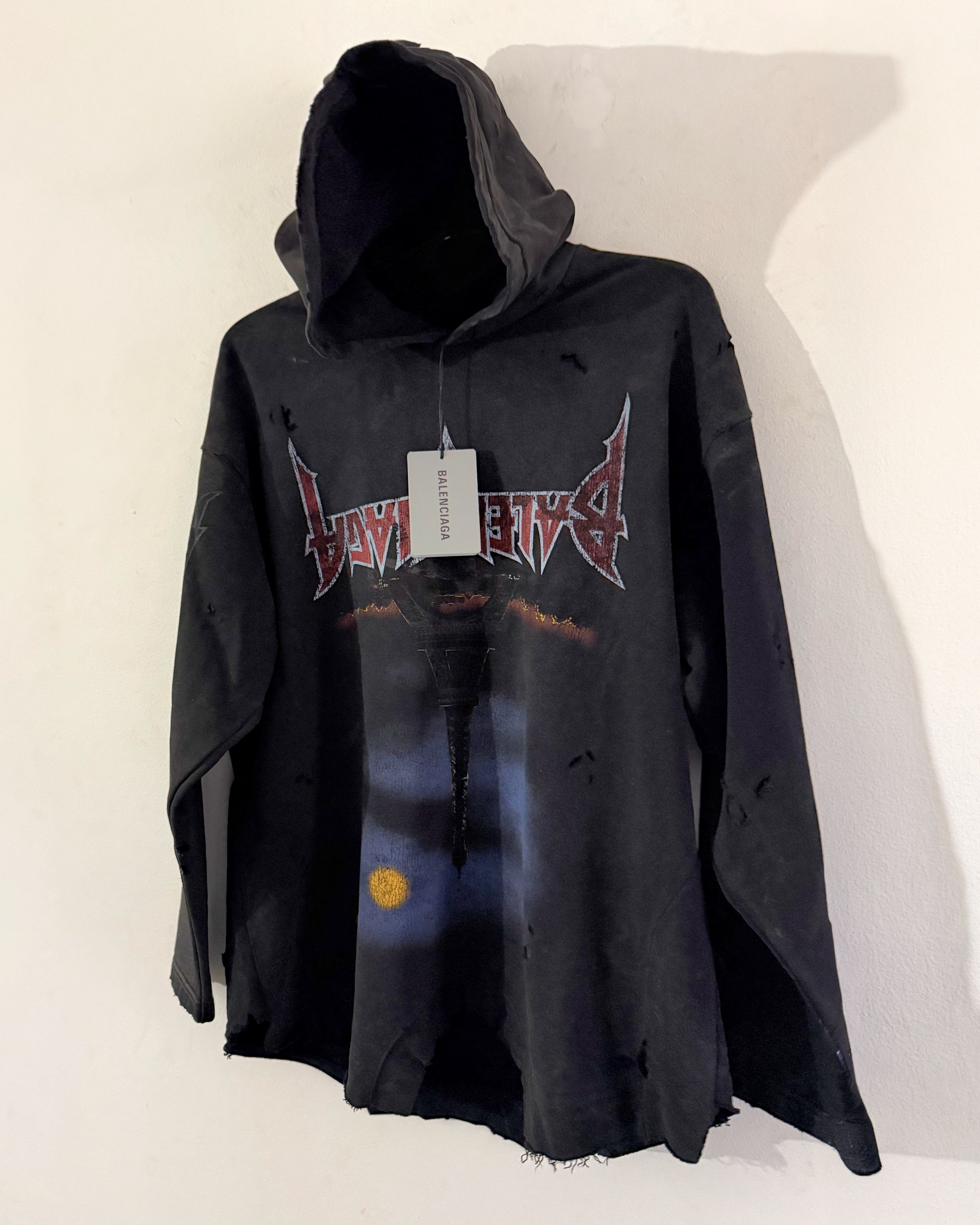 Balenciaga Oversized Distressed Printed Cotton-Jersey Hoodie Size US S / EU 44-46 / 1 - 3 Thumbnail