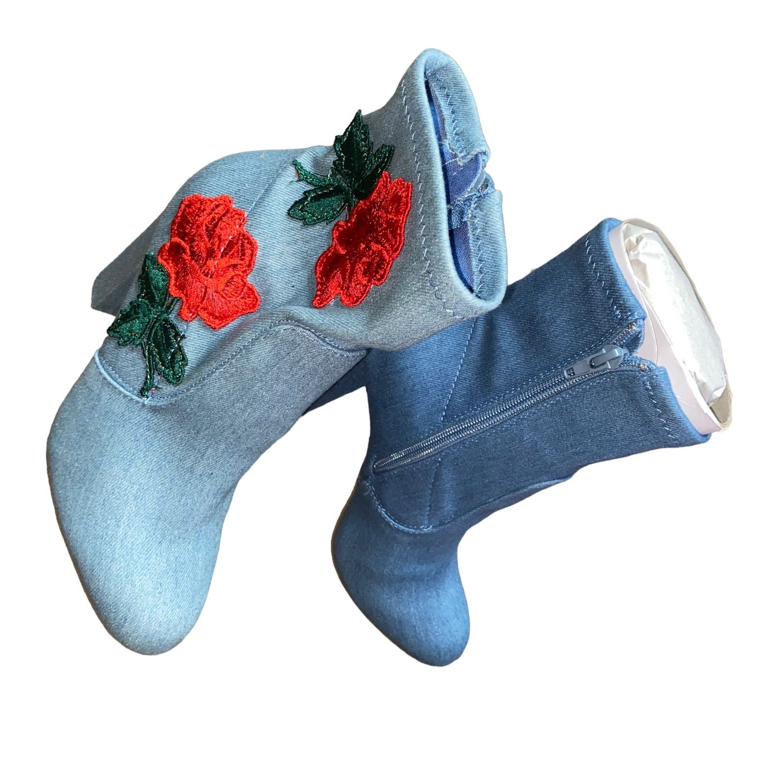 Other Bamboo Blue Denim Rose Flower Embroidered Ankle Booties 6 Size US 6 / IT 36 - 4 Thumbnail