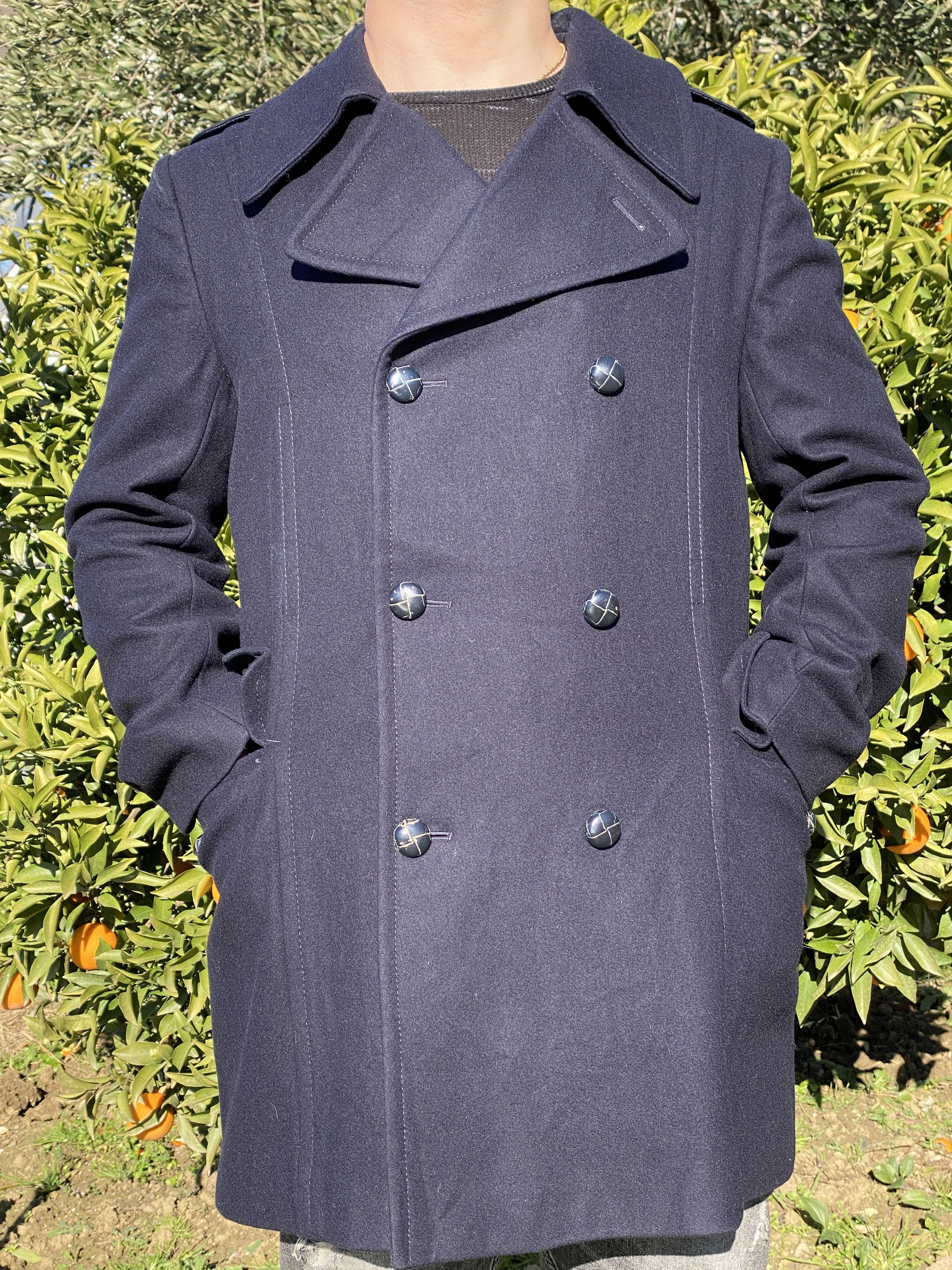 image of Italian Designers Paul Stuart Trench Pea Coat Size 42 52 Jacket Leather in Navy Blue, Men's