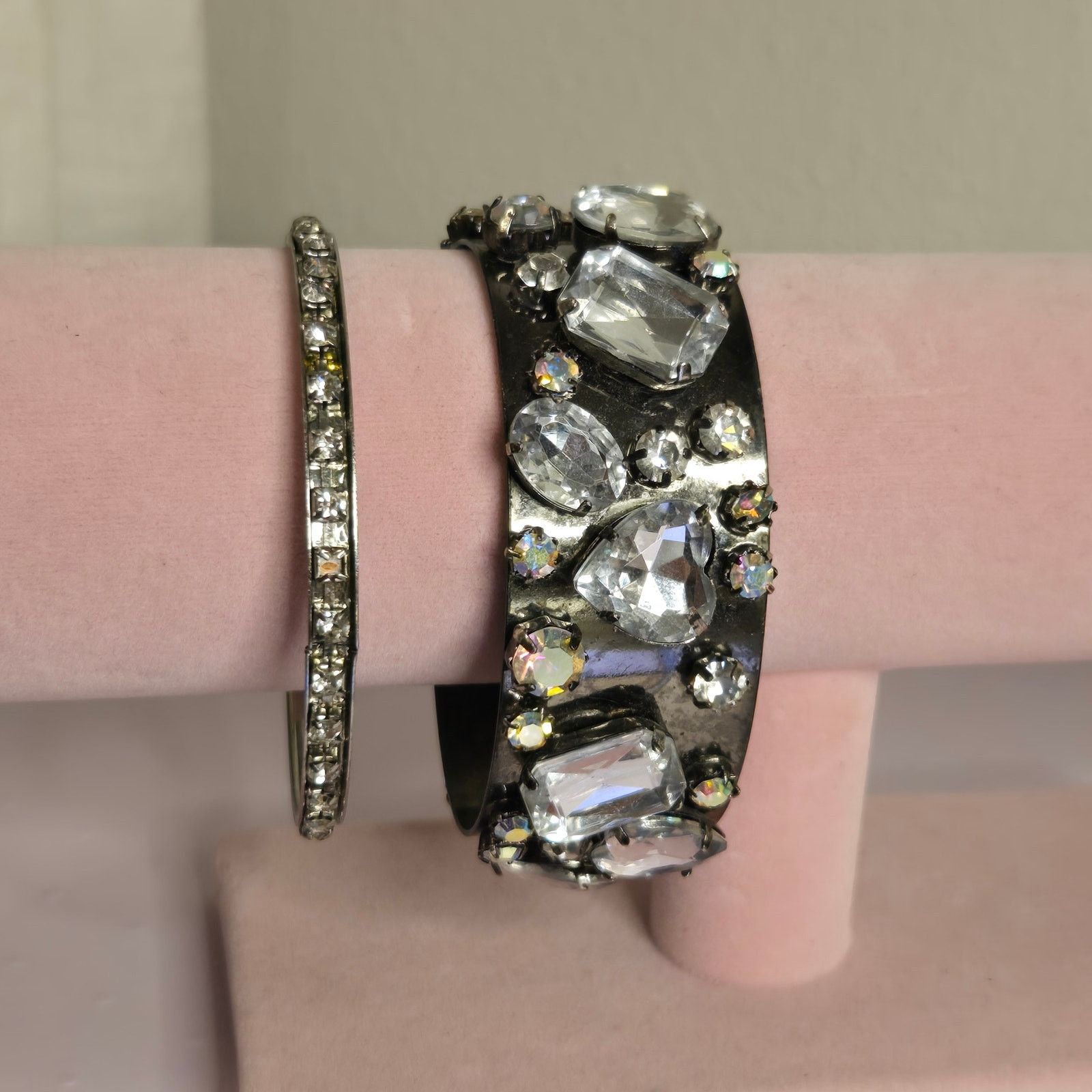 Vintage Clear Rhinestone Wide Bangle & Slender Tennis Bracelet Set Size ONE SIZE - 11 Thumbnail