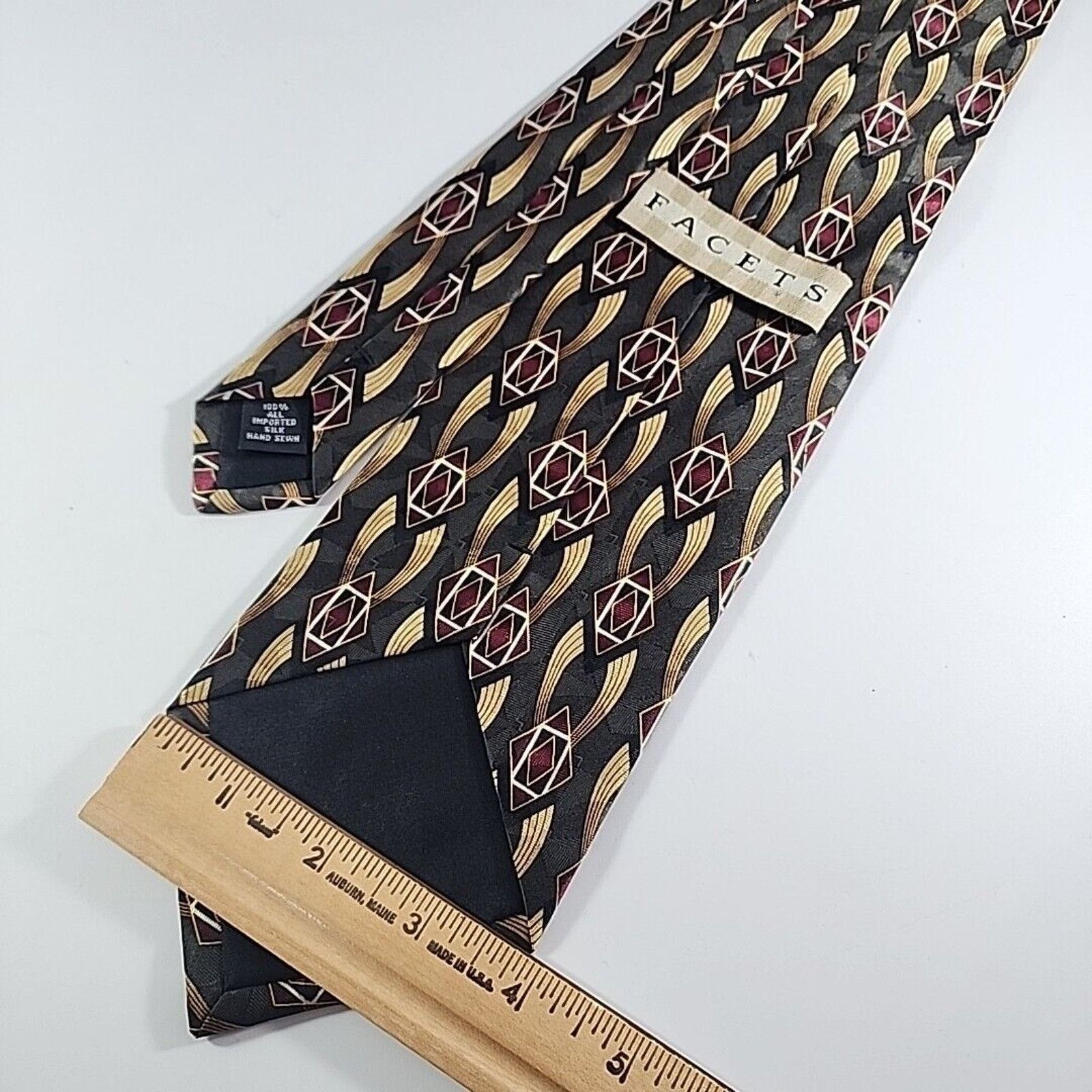Vintage Facets Silk Necktie, Gray-Maroon-Gold Geometric - Like New Size ONE SIZE - 2 Thumbnail