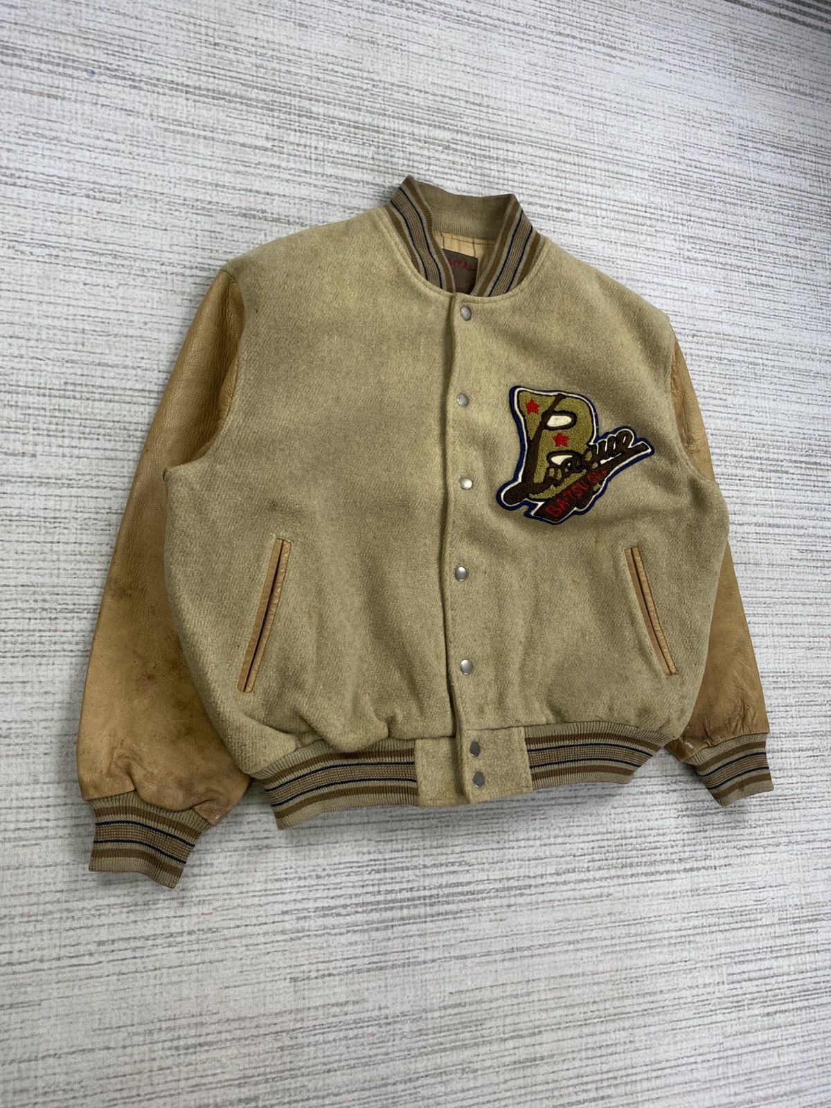 Japanese Brand × Vintage Vintage Ba-Tsu Co. league Leather Sleeve Varsity Jacket Size US L / EU 52-54 / 3 - 3 Thumbnail