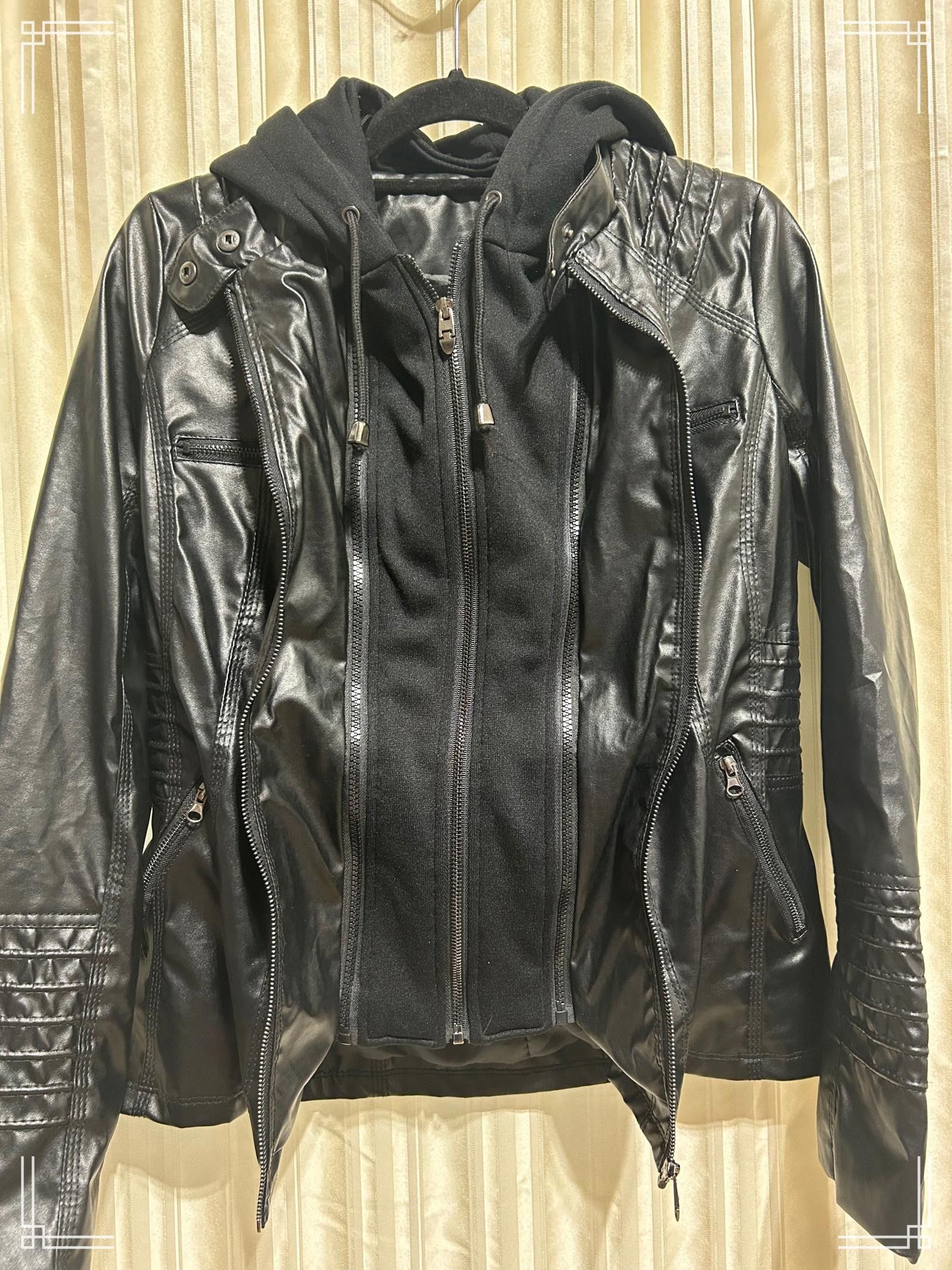 Designer Black Faux Leather Jacket with Detachable Hoodie Insert, S Size S / US 4 / IT 40 - 2 Thumbnail