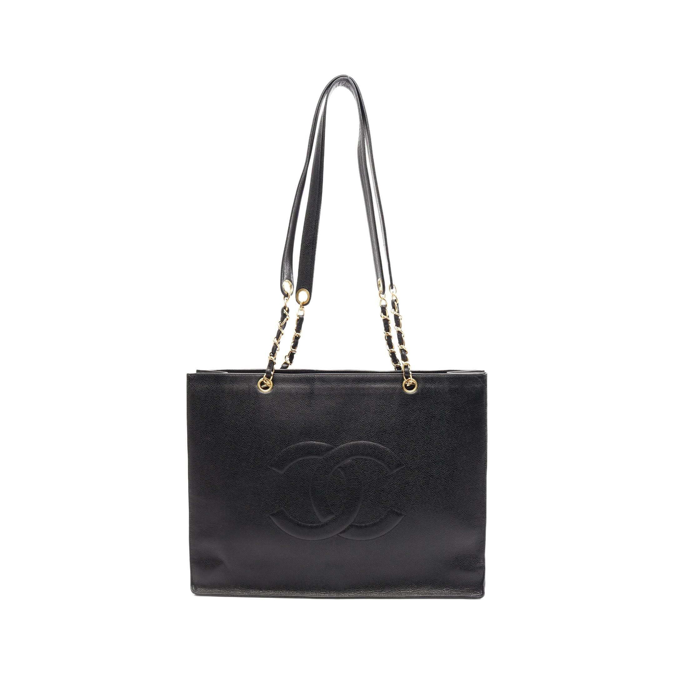 Chanel Coco Mark Shoulder Bag Tote Caviar Skin Black Gold Hardware