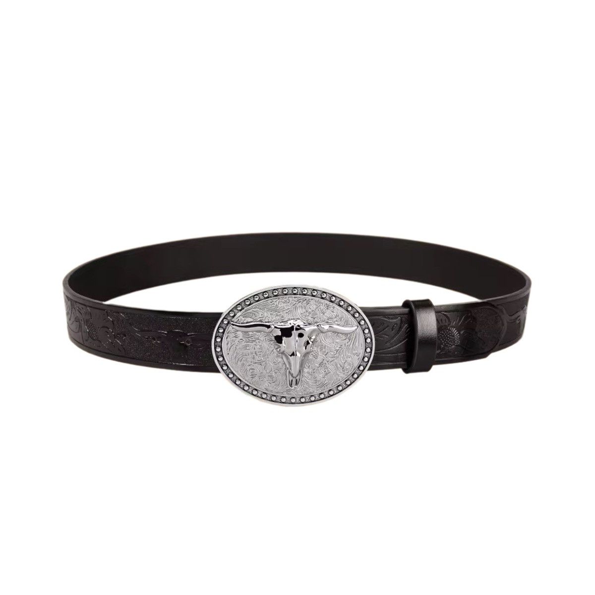 Leather Cowboy Longhorn Bull Pattern Buckle Belt Size ONE SIZE - 3 Thumbnail