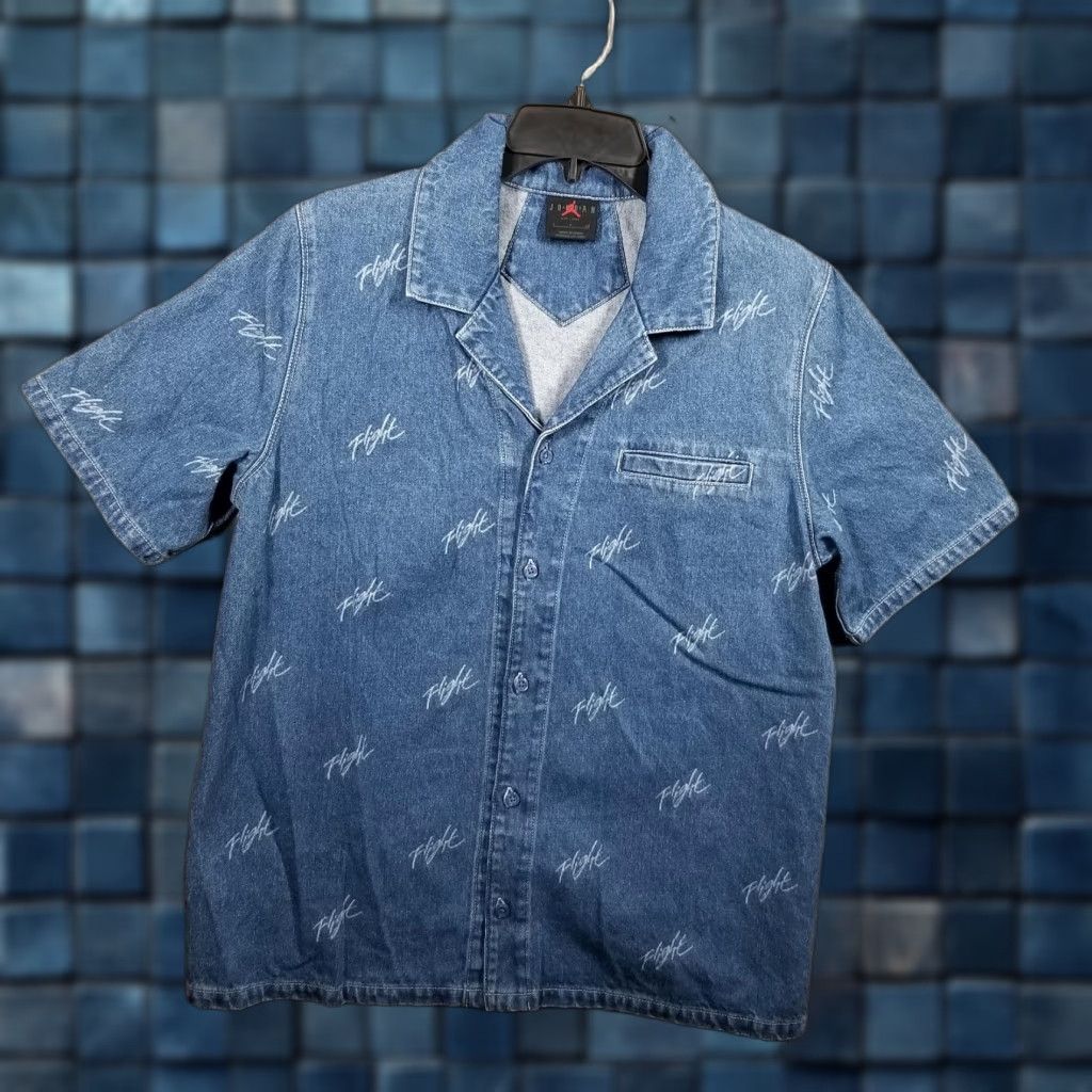 VINTAGE Jordan Shirt Mens Small Blue Denim Flight Allover Print Camp Collar Button Up