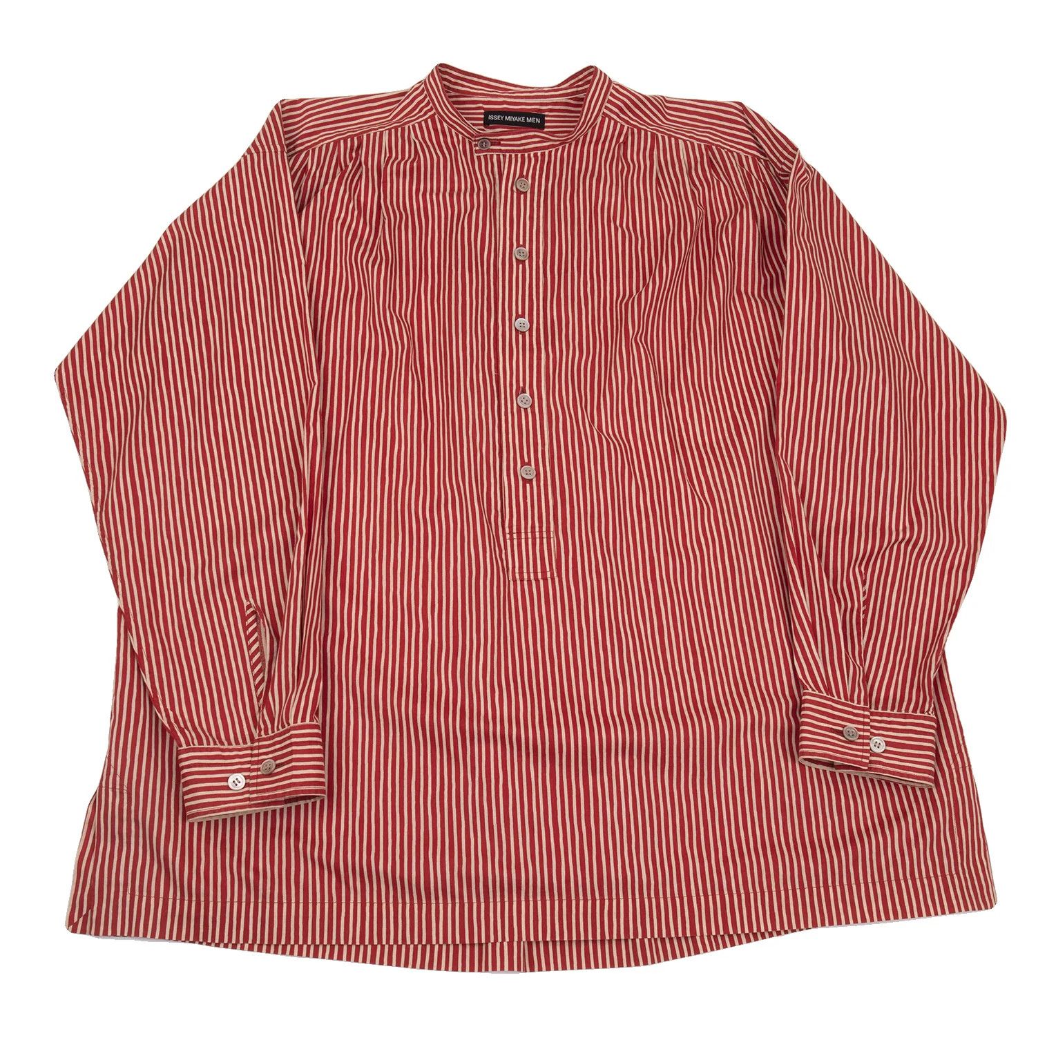 Issey Miyake Cotton Stripe Band Collar Pullover Shirt Red Cream Size US S / EU 44-46 / 1 - 1 Thumbnail