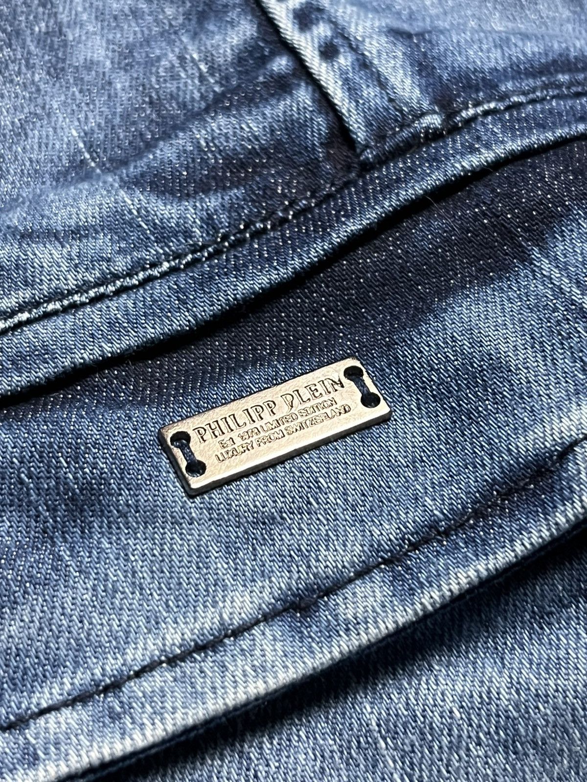 Philipp Plein Philipp Plein Distressed Denim Blazer with Camo Details Size 44S - 5 Thumbnail