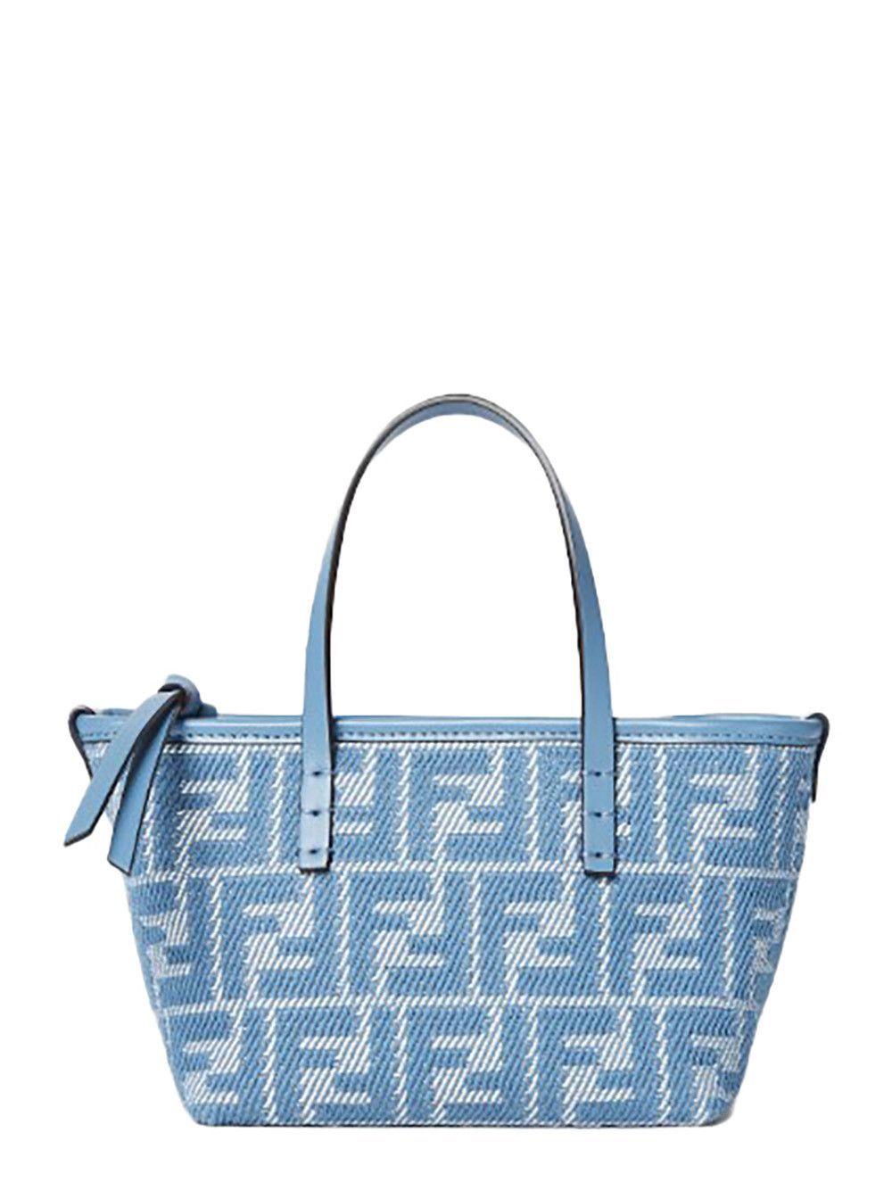 Fendi 'roll' Blue Mini Bag With All-Over Ff Motif And Top Leather Strap In Cotton Woman, Women's