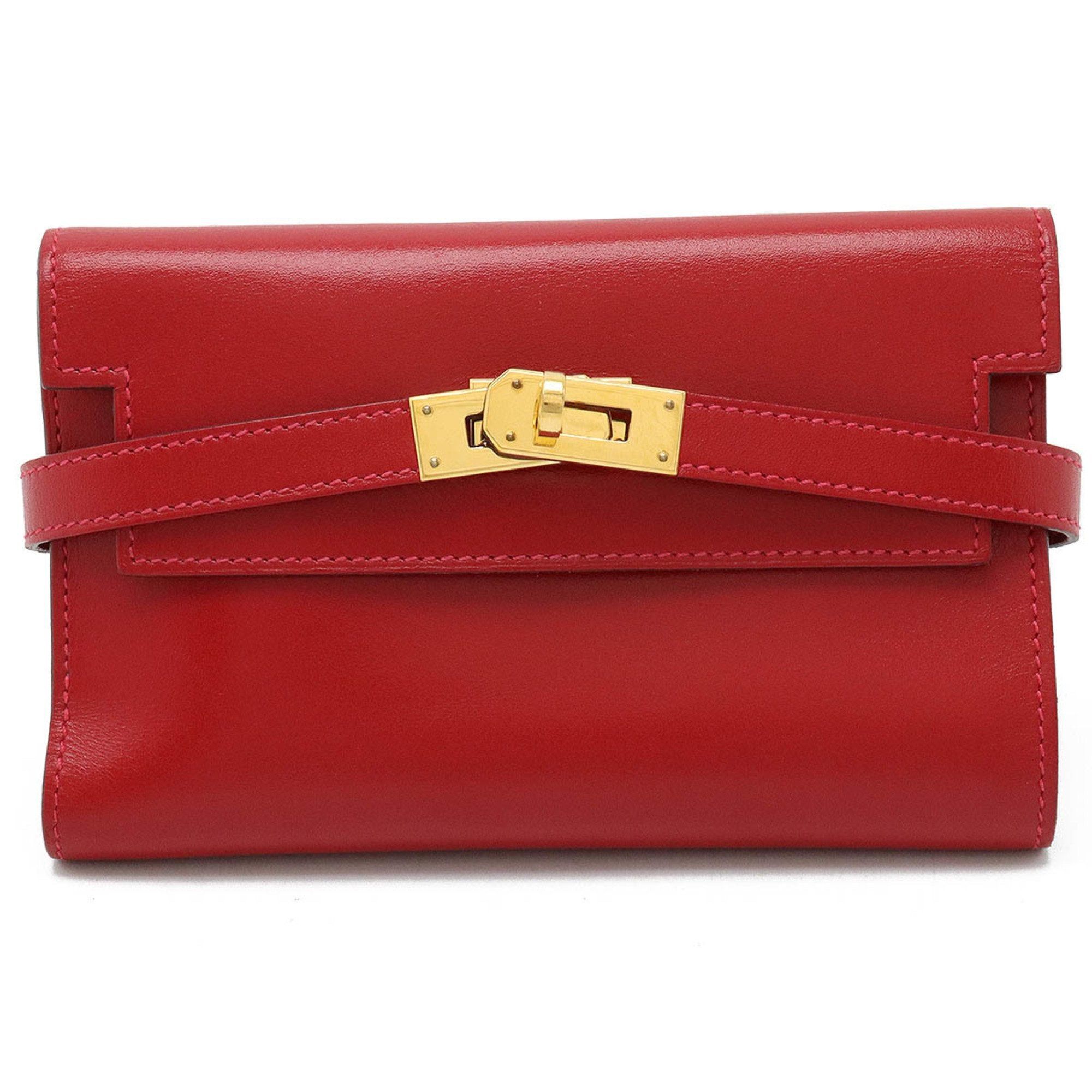 image of Hermes Kelly Wallet Medium Bi-Fold Box Calf Leather Red A Stamp, Women's