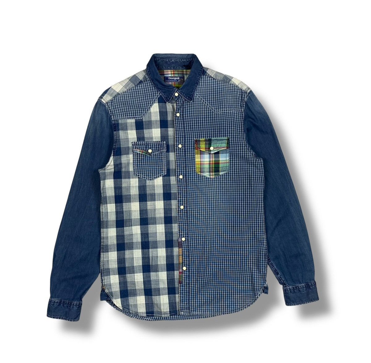 Desigual Desigual Patchwork Plaid Blue Western Button Up Shirt Size US M / EU 48-50 / 2 - 1 Thumbnail