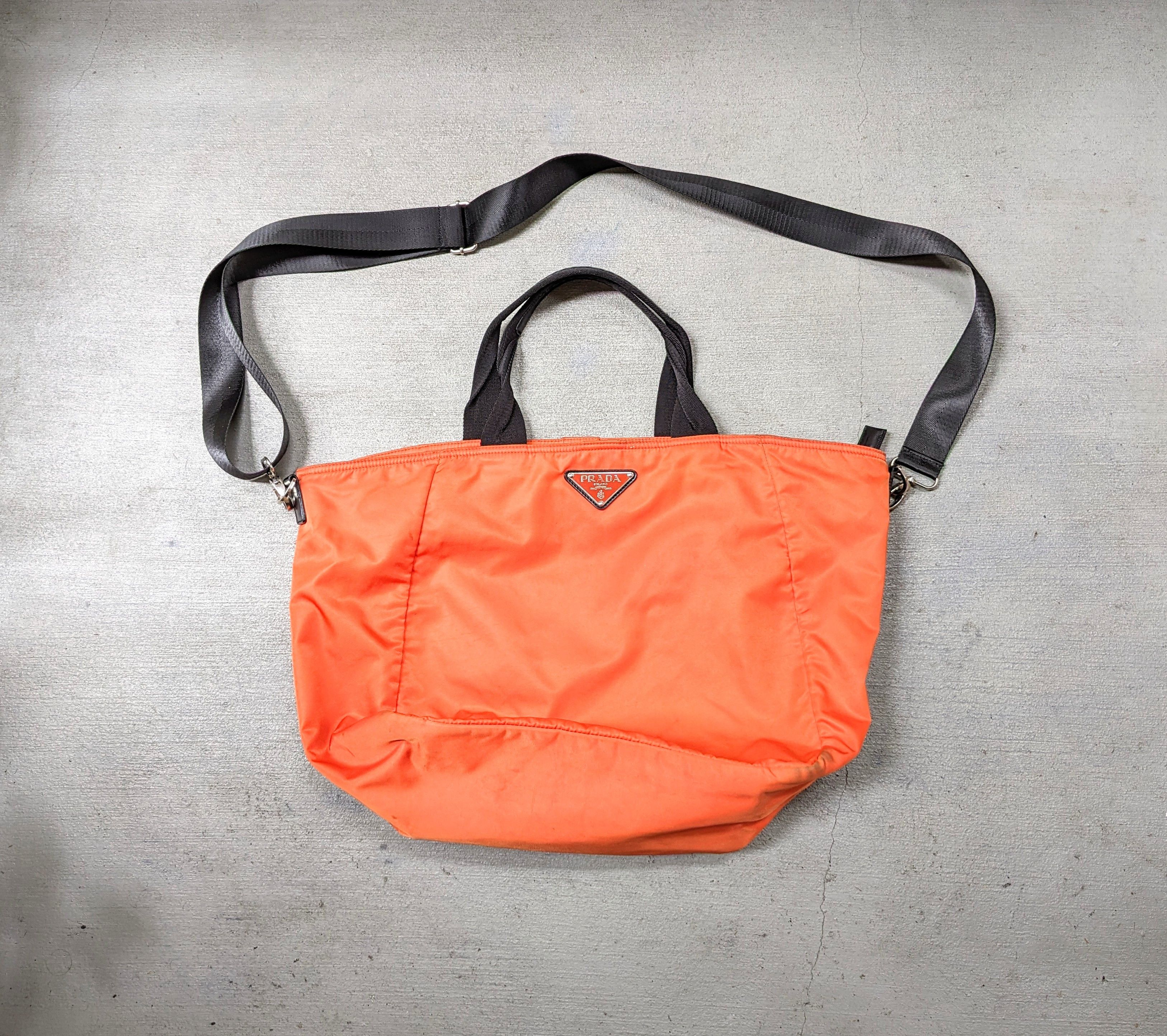 image of Prada Bag Tote Purse Orange Nylon Black 2Way Shoulder in Orange Black, Men's