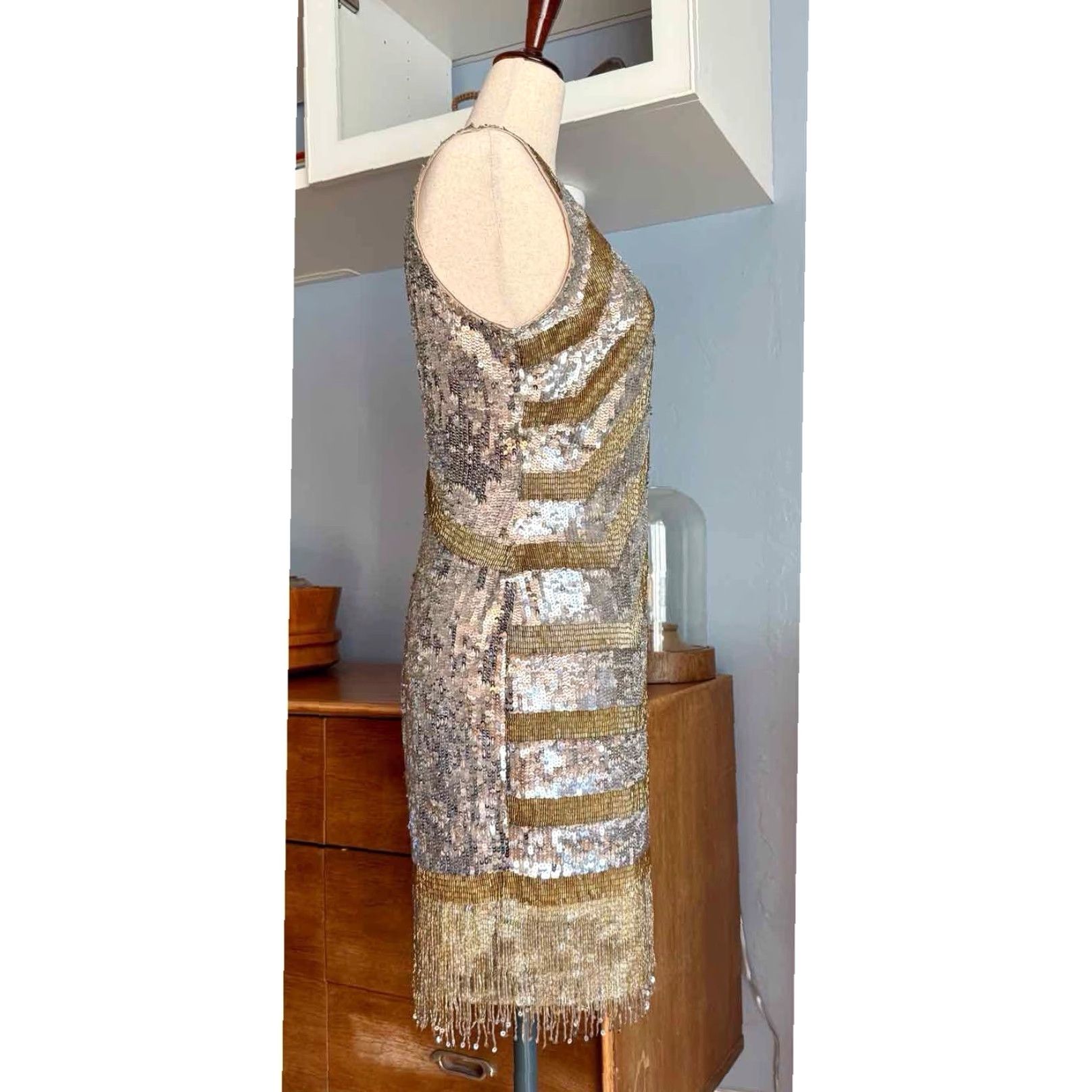 Bebe VINTAGE Bebe Uptown Silver Gold Beaded Sequins Tank Dress Fringe Hem Cocktail Sz M Size M / US 6-8 / IT 42-44 - 3 Thumbnail