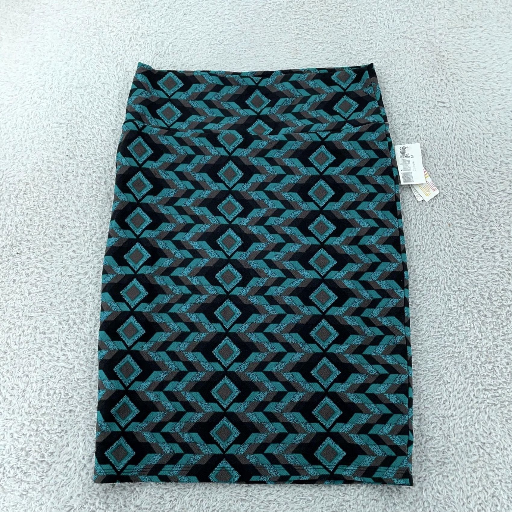 Vintage LuLaRoe Skirt Womens Medium Black Teal Geometric Pencil Stretch Pull On Size 32" / US 10 / IT 46 - 2 Thumbnail