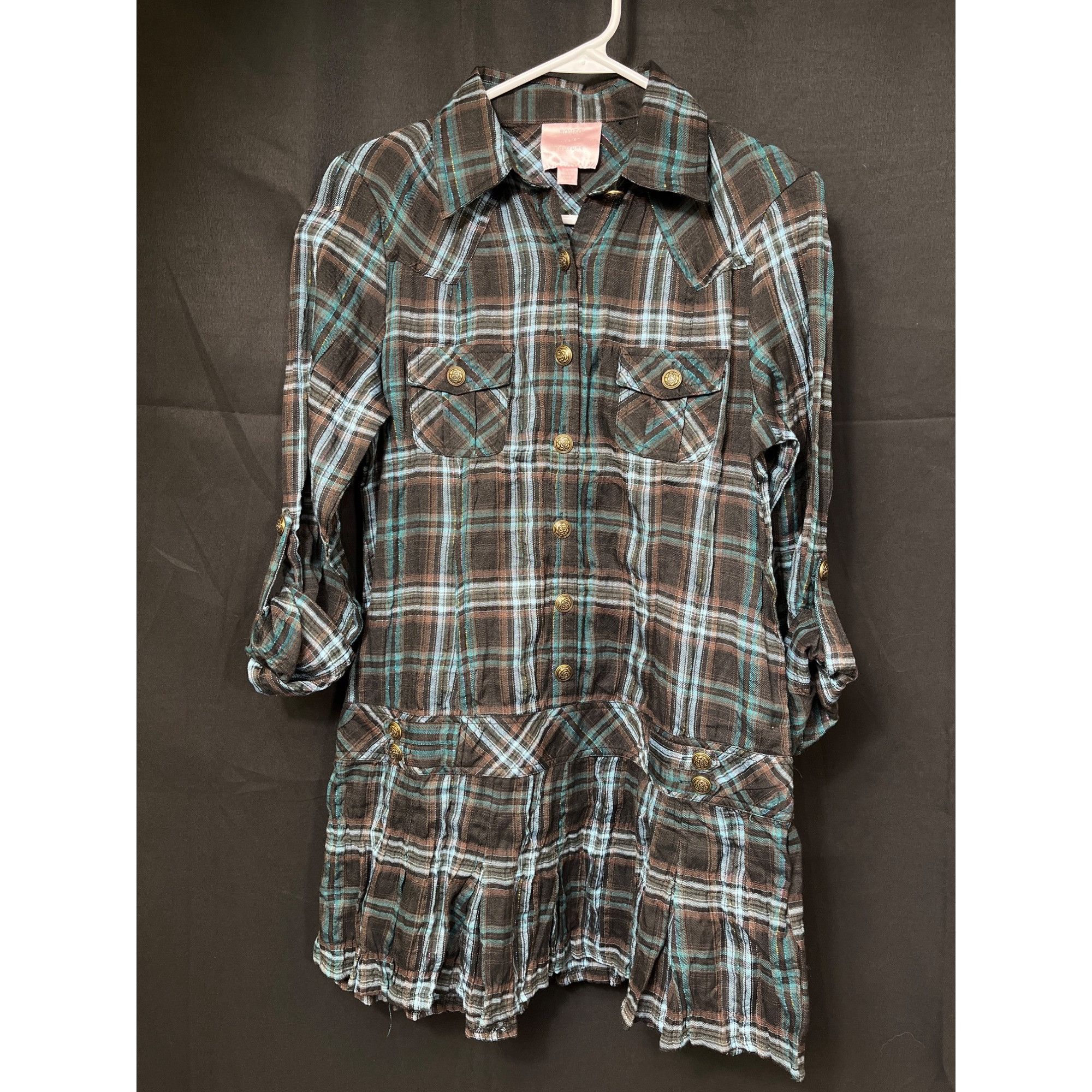 Designer Romeo And Juliet Couture SKU 7585 Plaid Button Up Shirt Dres Size L / US 10 / IT 46 - 1 Thumbnail