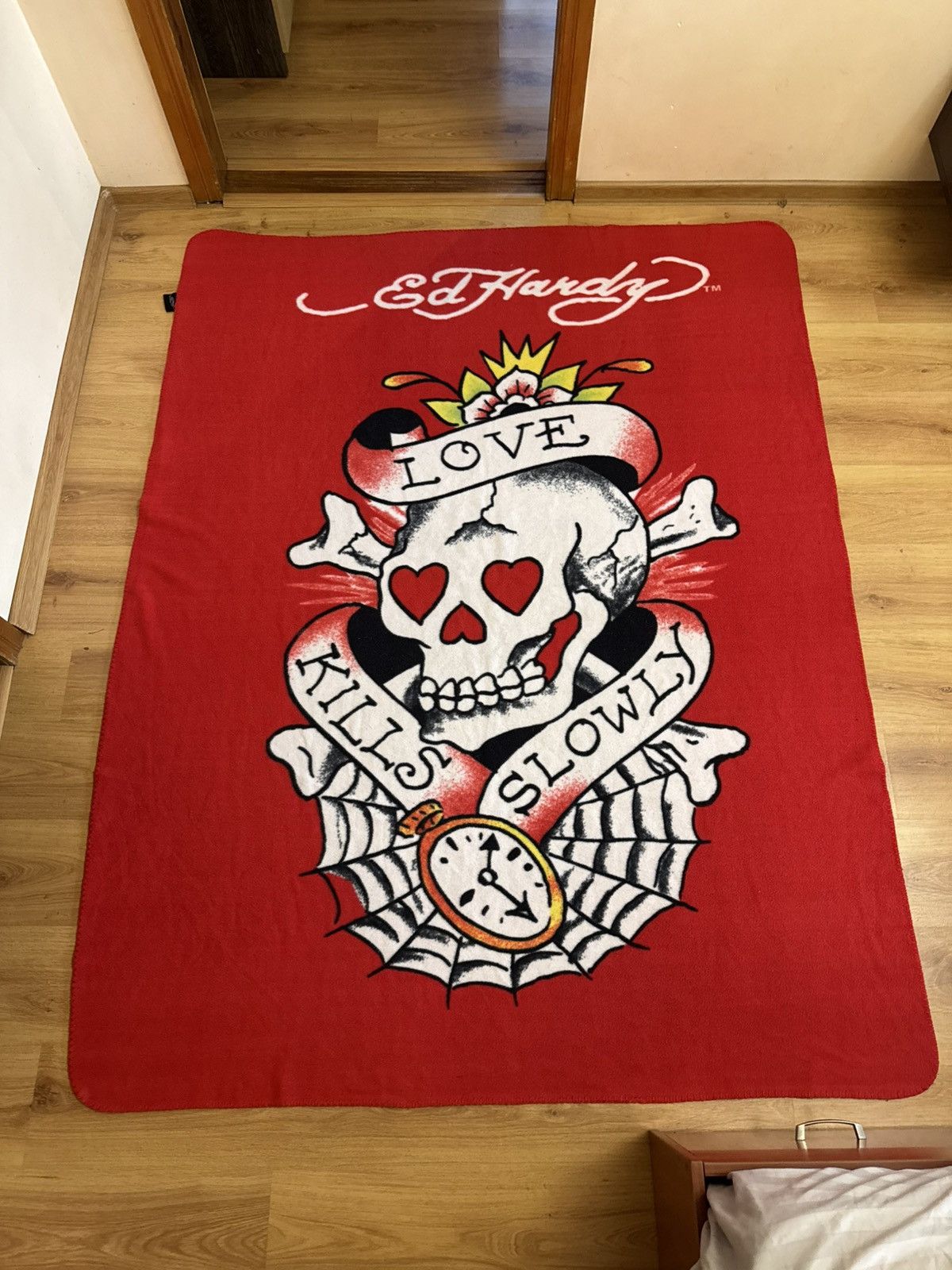 Vintage Ed Hardy Blanket Red Tattoo Fleece Skull Streetwear