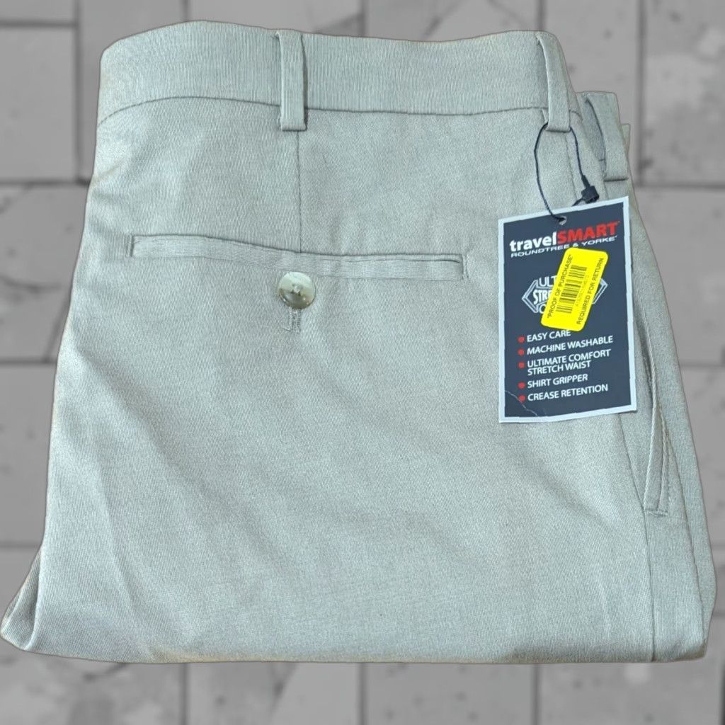 Roundtree Yorke Mens Travel Smart Pants Beige Khaki Sz 36x32 Straight Fit