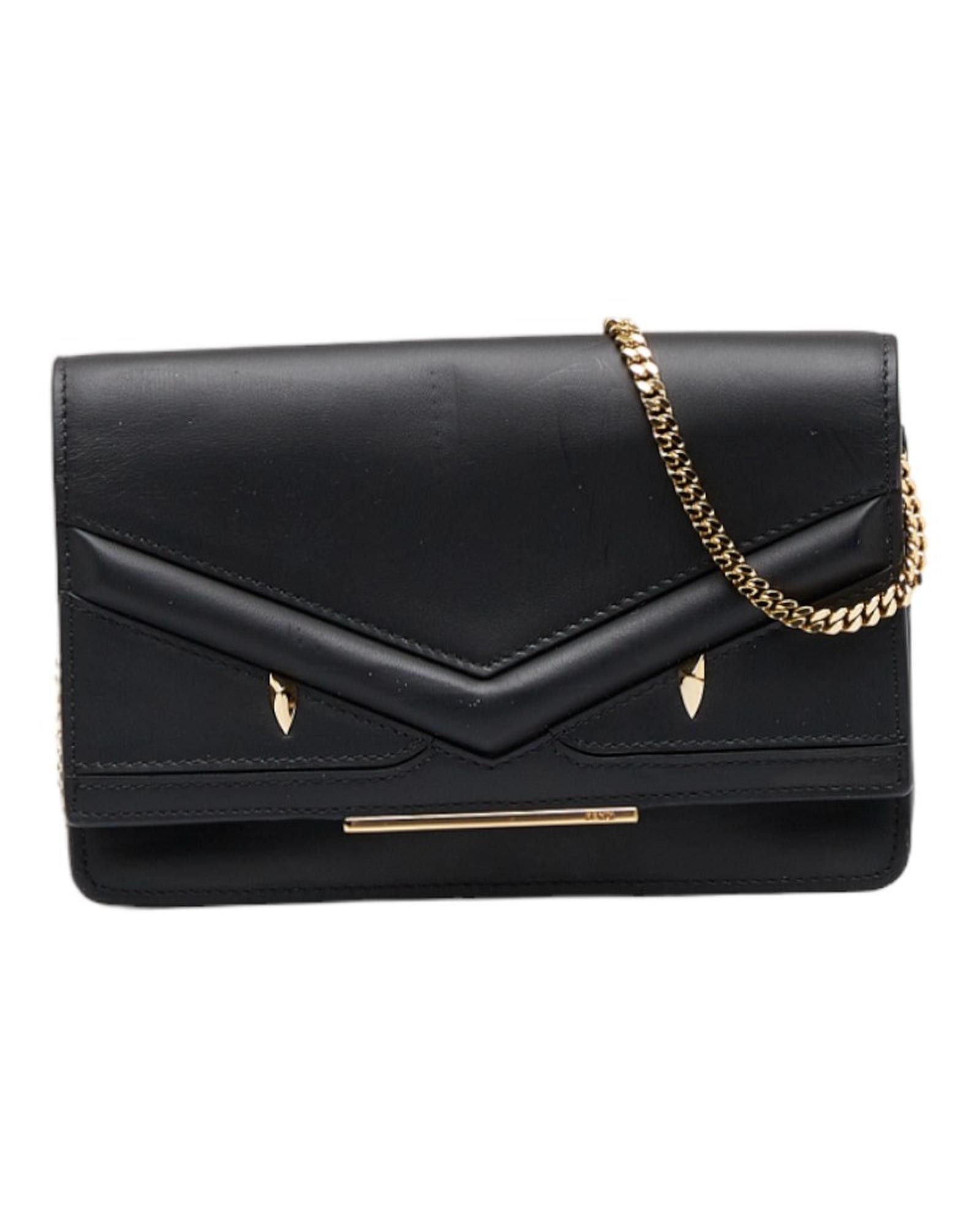 image of Black Leather Wallet On Chain With Fendi Monster Design, Women's