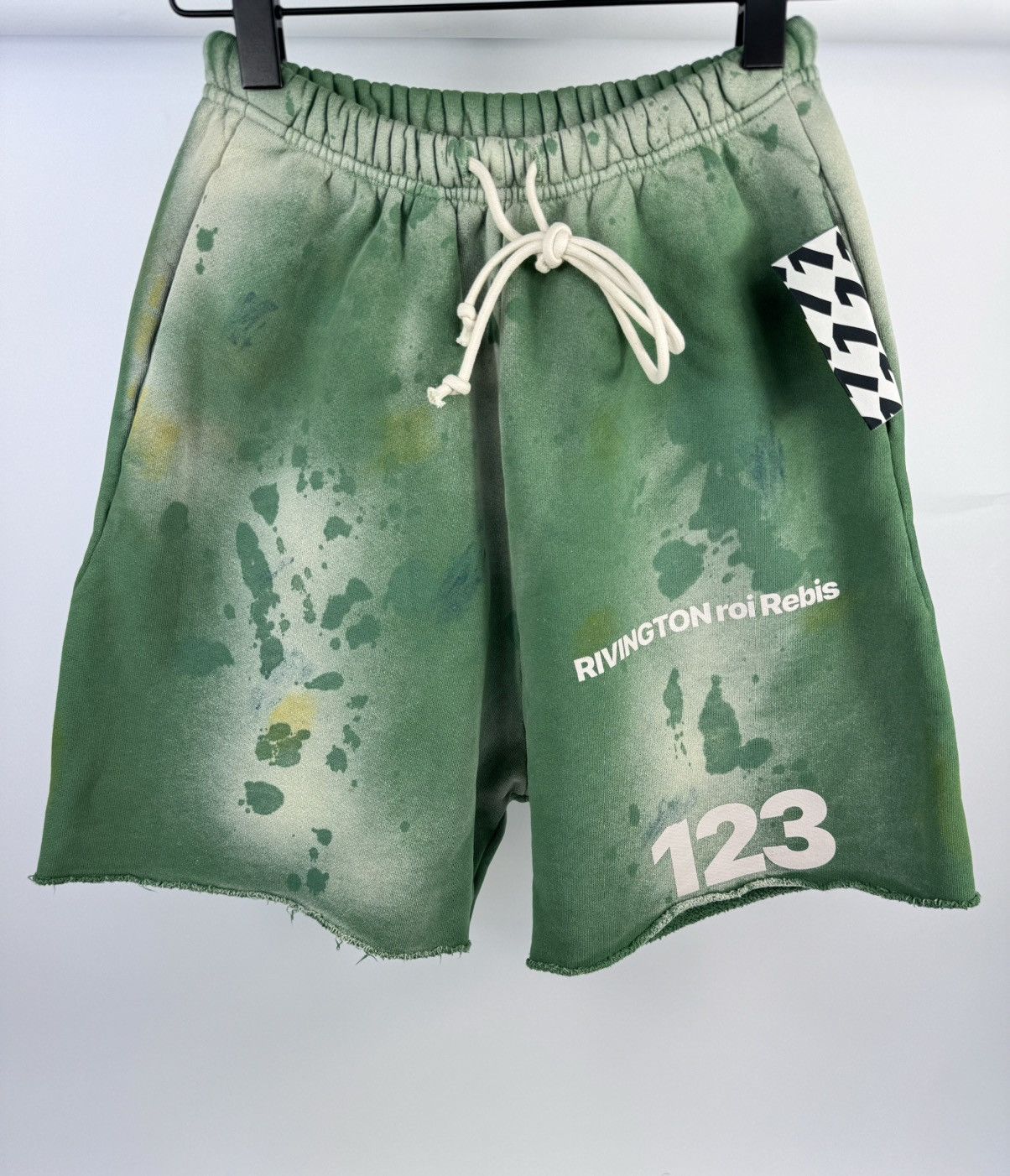 Image of Rrr 123 Logo Print Paint Splash Shorts in Green, Men's (Size 30)