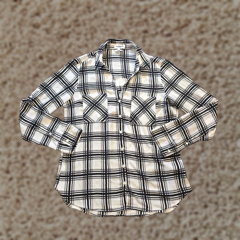 Express Express Blouse Womens Size L Black Plaid Portofino Sheer Button Career Casual Size L / US 10 / IT 46 - 1 Thumbnail