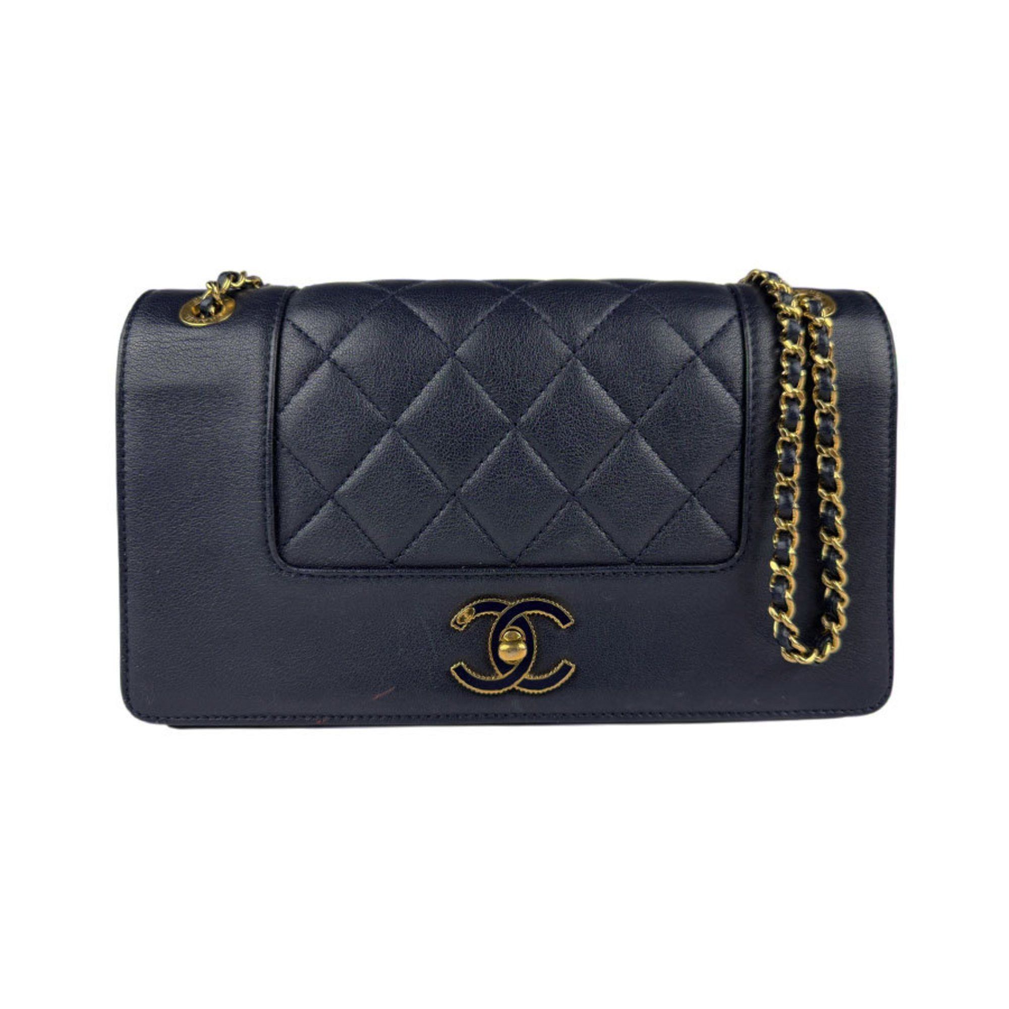 Chanel Shoulder Bag Mademoiselle Leather Navy Gold Women's Z5252 in Blue