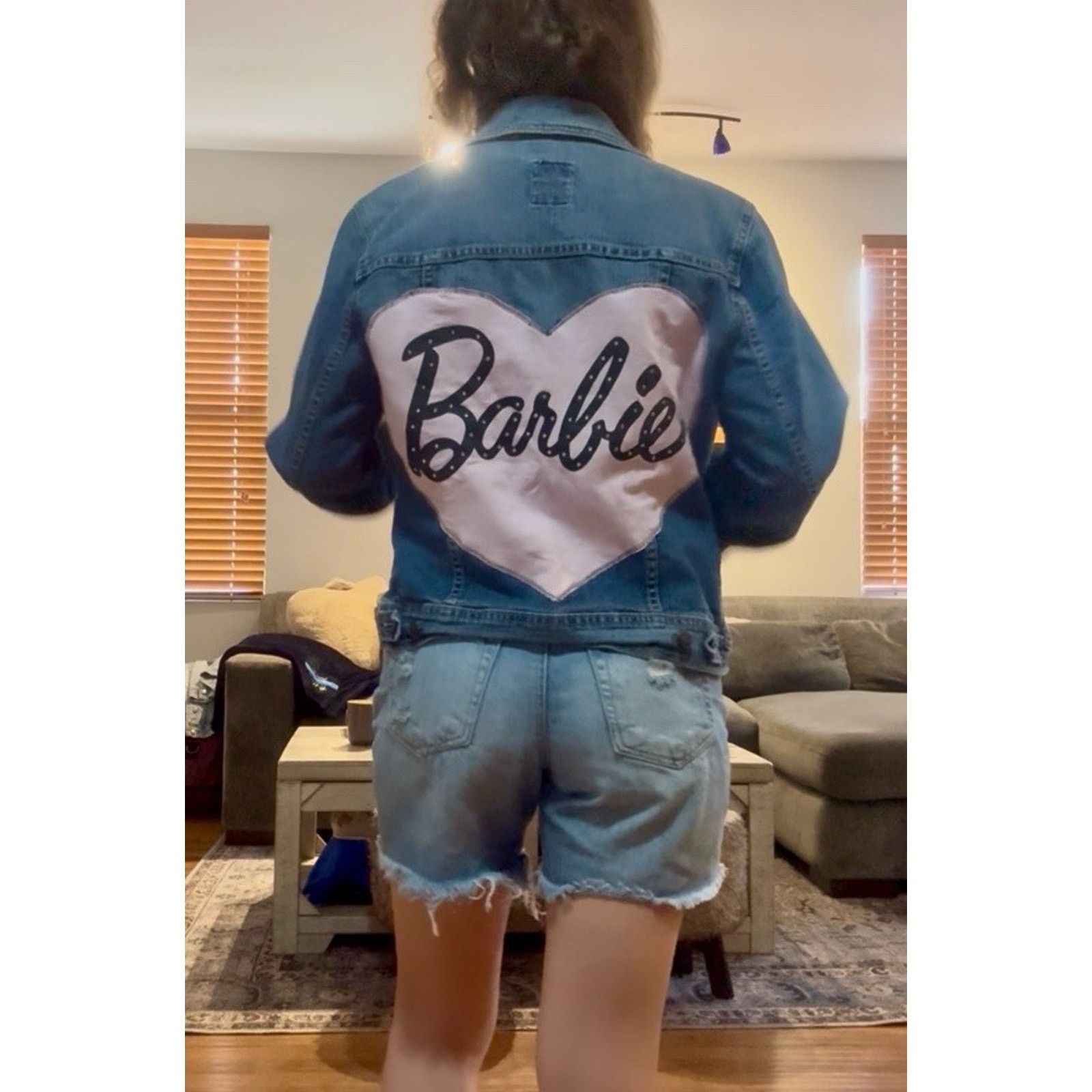 BARBIE Pink Heart Rhinestone Denim Jacket Upcycled Retro L
