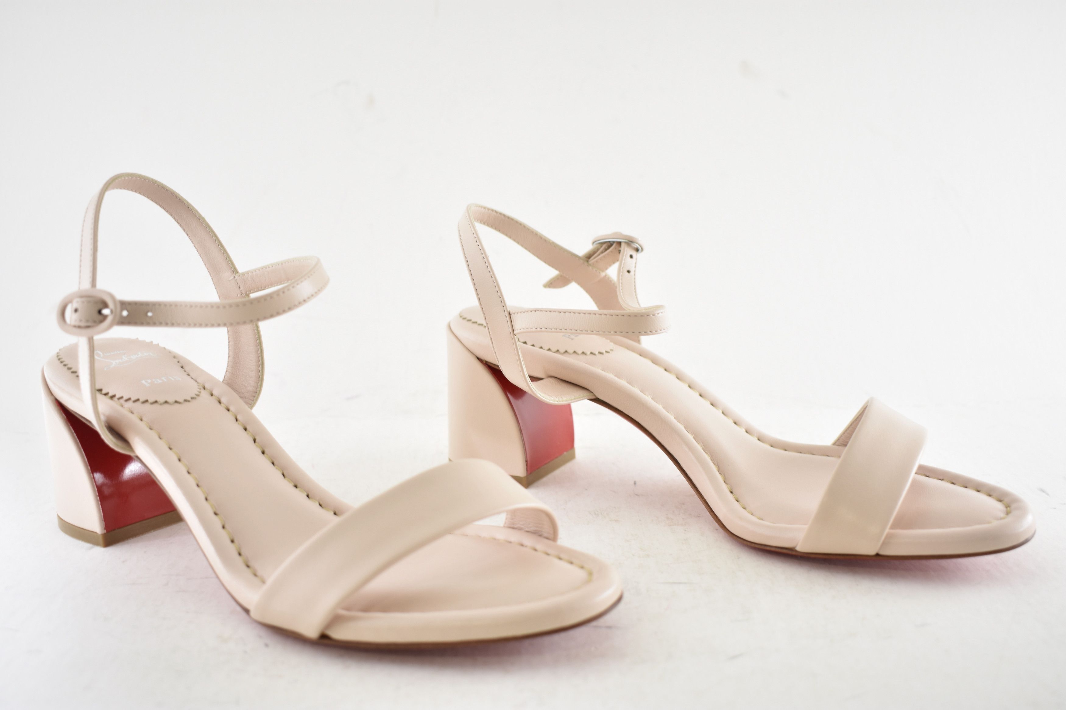 Christian Louboutin Miss Jane Sandal 55 Leche Beige Ankle Strap Block Heel 37.5 Size US 7.5 / IT 37.5 - 4 Thumbnail