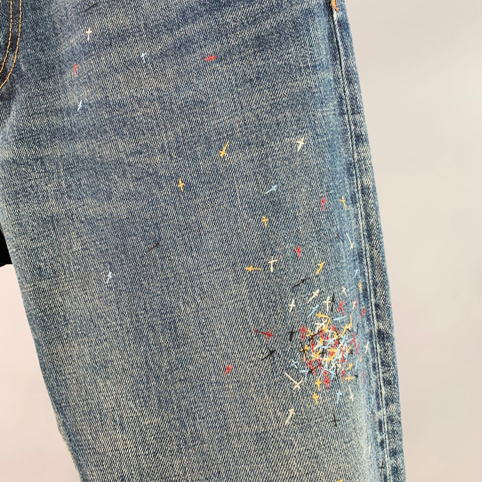 Undercover Blue Multi-Color Embroidery Cotton Relaxed Drop-Crotch Jeans Size US 32 / EU 48 - 2 Thumbnail