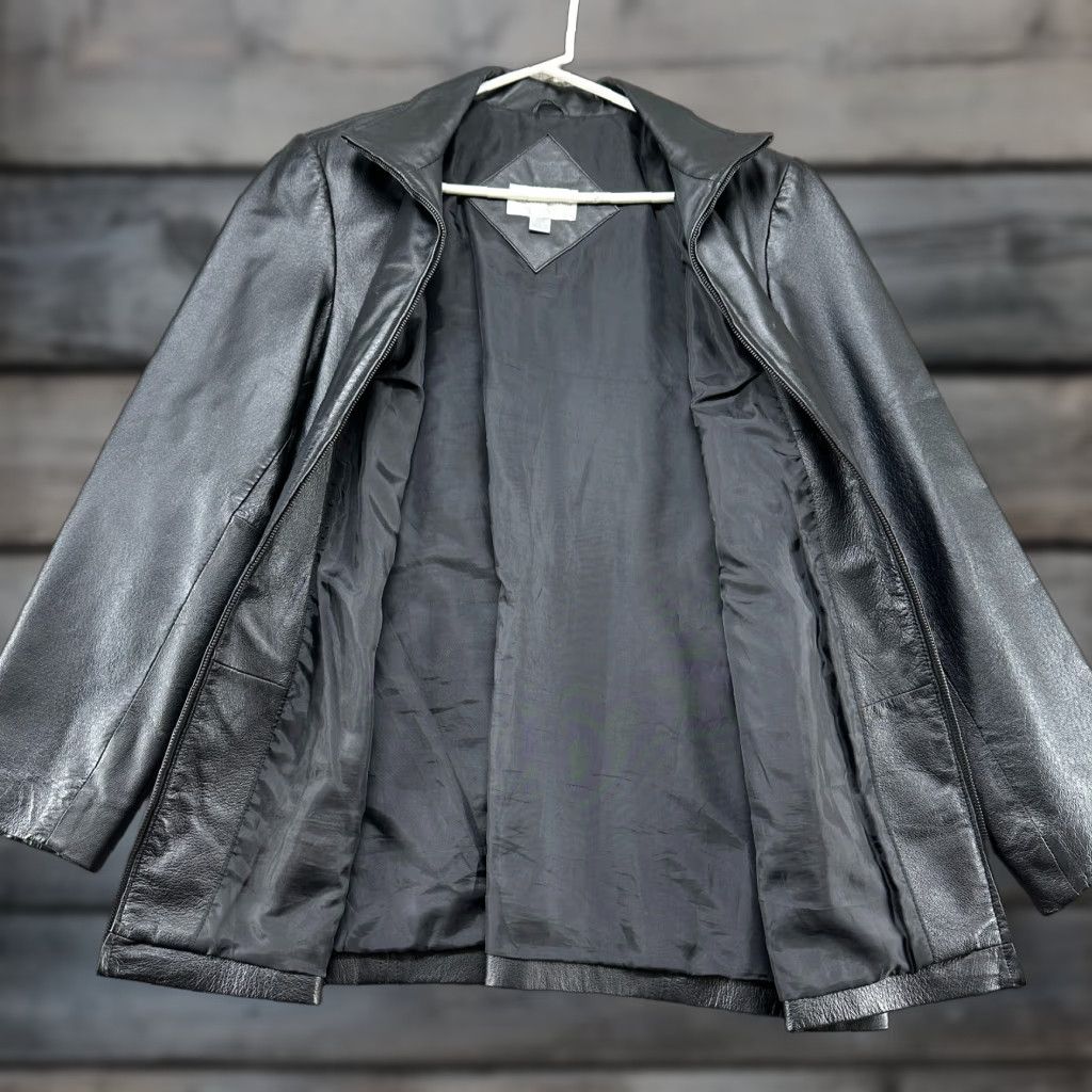 Worthington VINTAGE Worthington Jacket Women L Black Leather Full Zip 90s Pea Coat Regular Length Long Sleeve Zipper Lined Pockets Mens Women Girls Size L / US 10 / IT 46 - 1 Thumbnail