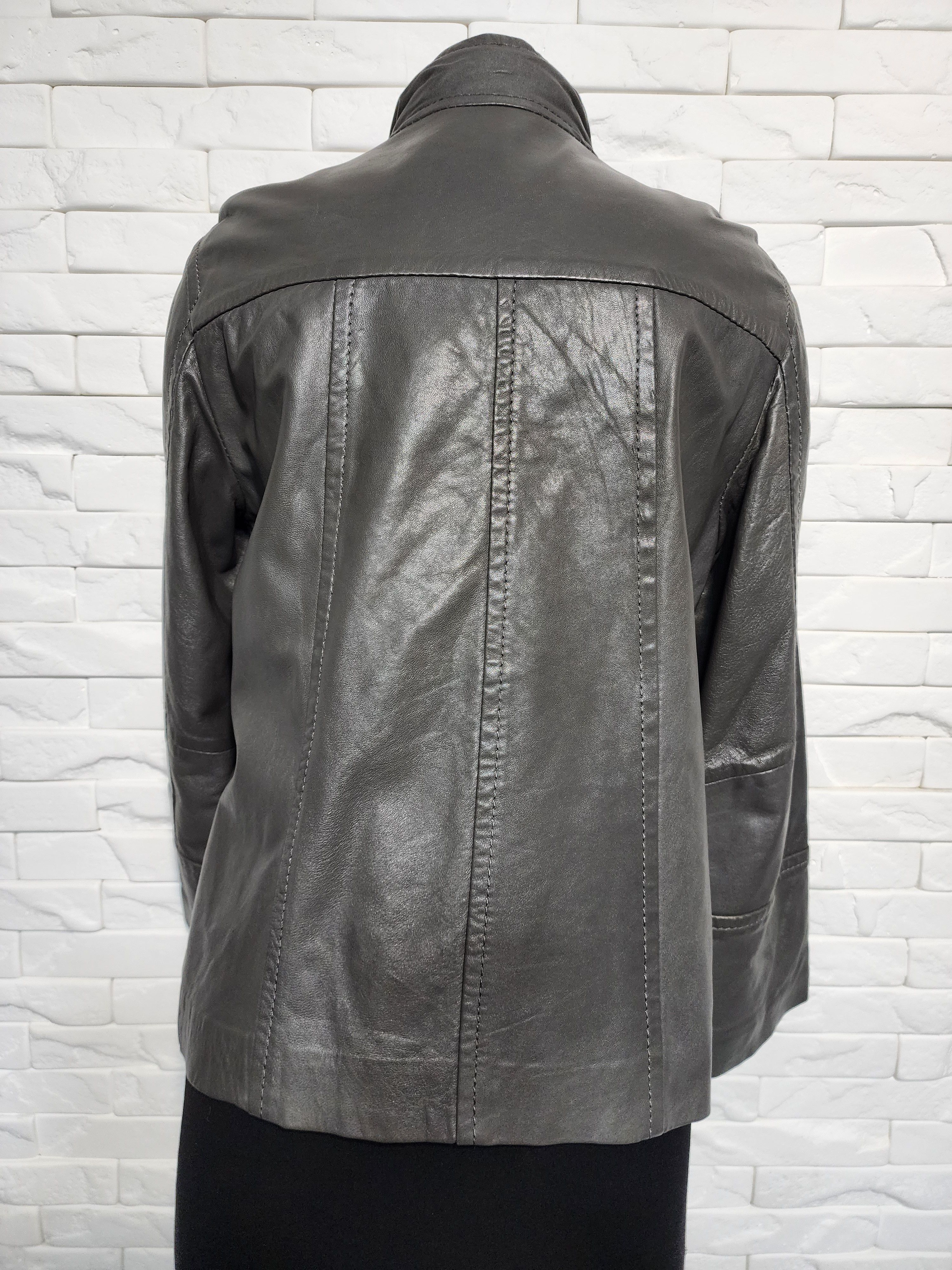 Genuine Leather Gray Leather Jacket: Women's Business Style, Metal Buttons Size L / US 10 / IT 46 - 5 Thumbnail