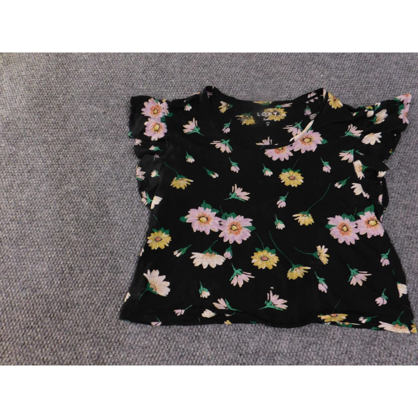 Loft LOFT Shirt Womens Medium Black Pink Yellow Floral Linen Ruffle Sleeve Blouse Size M / US 6-8 / IT 42-44 - 3 Thumbnail