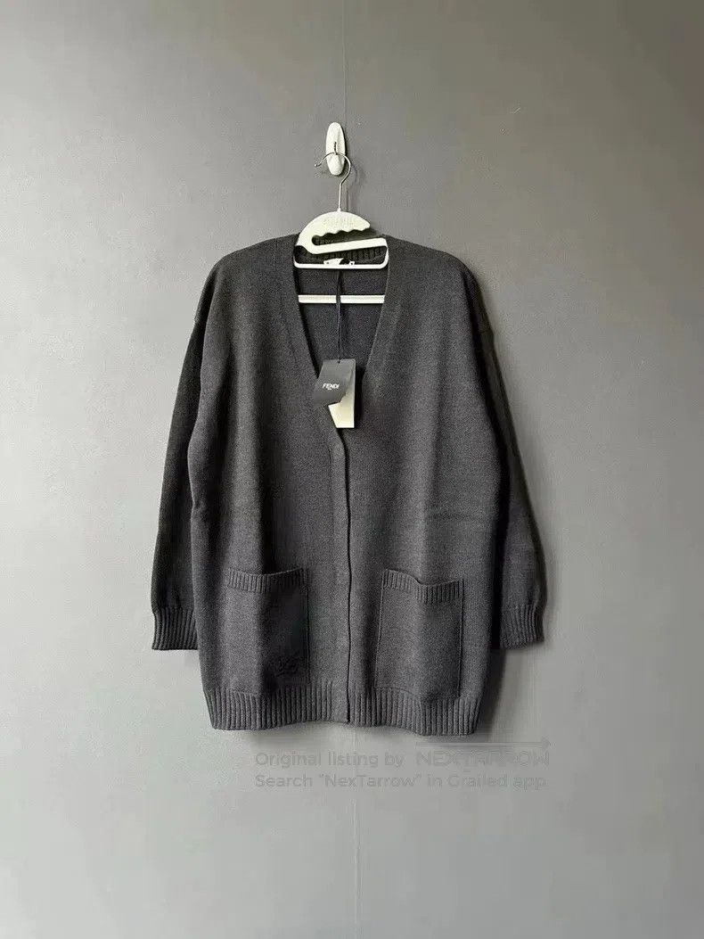 Fendi Black and Gray Embroidered Logo Wool Cardigan