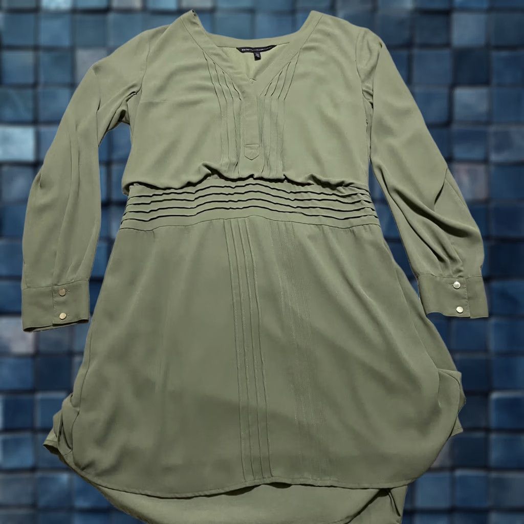 White House Black Market White House Black Market Dress 10 Olive Green Fit Flare L/S V Neck Pocket Womens Size L / US 10 / IT 46 - 1 Thumbnail