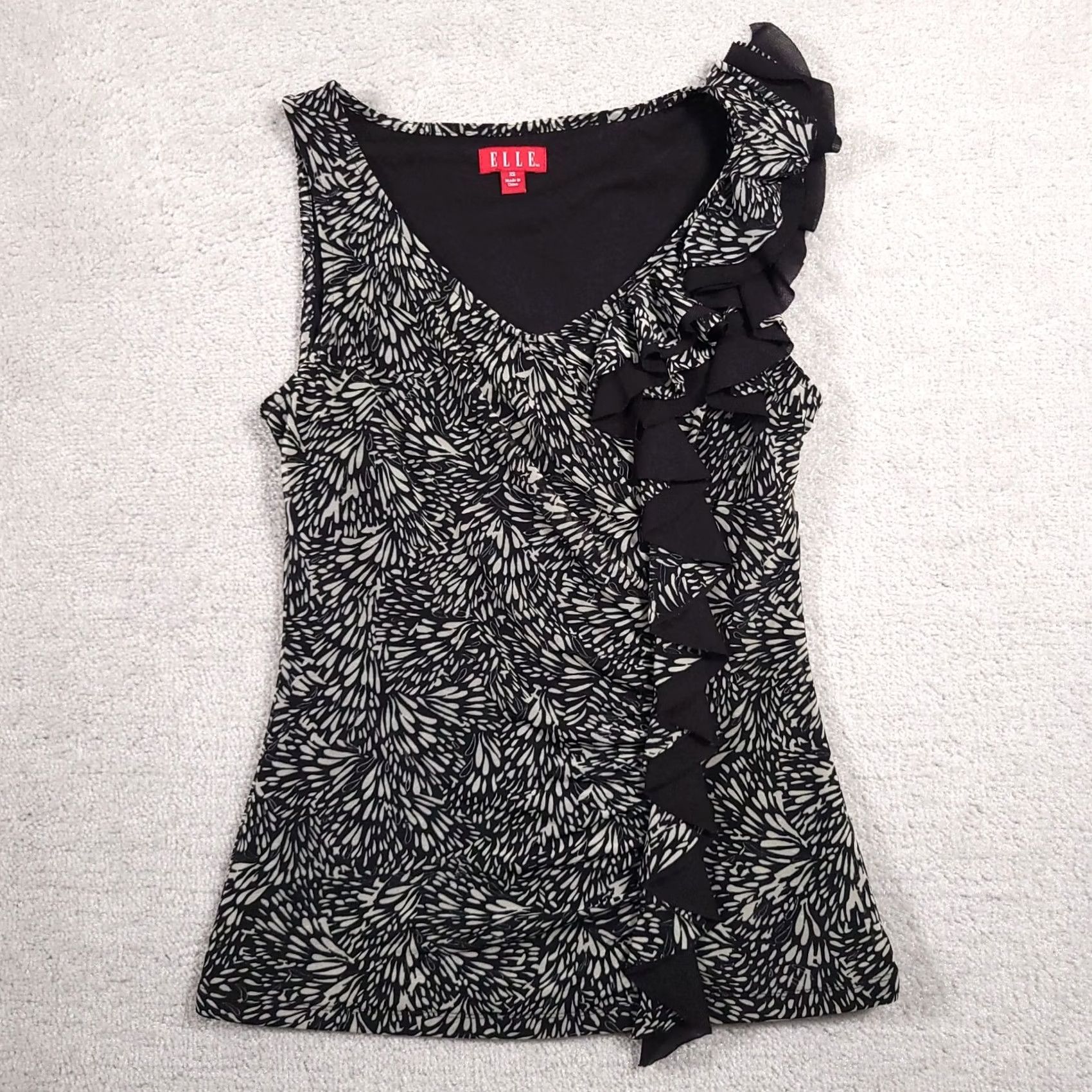Vintage ELLE Dress Womens XS Gray Dressy Work Tank Blouse Ruffle Women Black Geometric Print Lined Size XS / US 0-2 / IT 36-38 - 2 Thumbnail