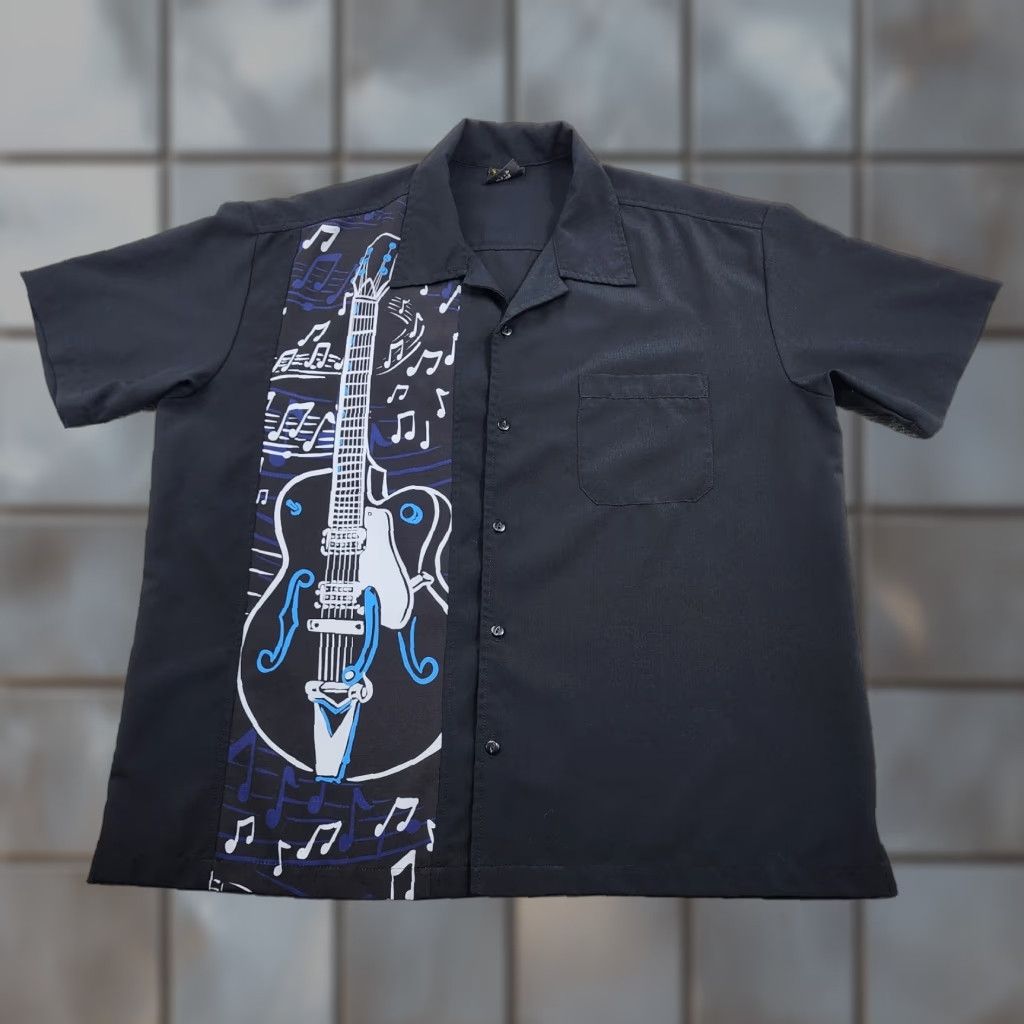 VINTAGE Steady Clothing Bowling Shirt Mens XL Black Colorblock Rockabilly Retro Cars Music Skull Button-Up Short Sleeve Styled Mens XL
