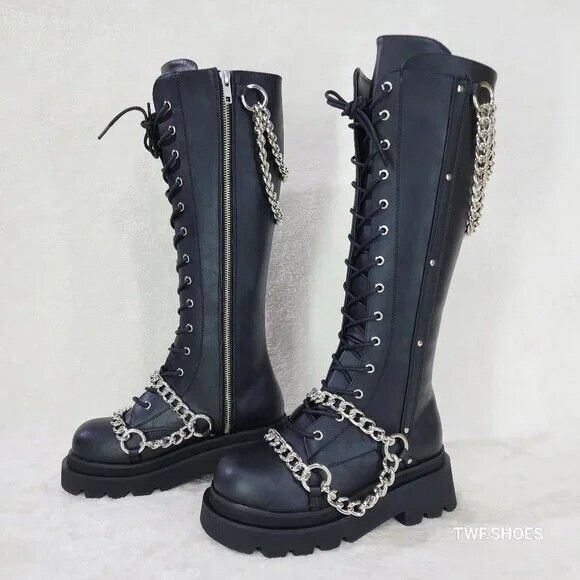 Demonia Cult DEMONIA Renegade Draped Chain Combat Knee High Boots Goth Pu Size US 8 / IT 38 - 6 Thumbnail