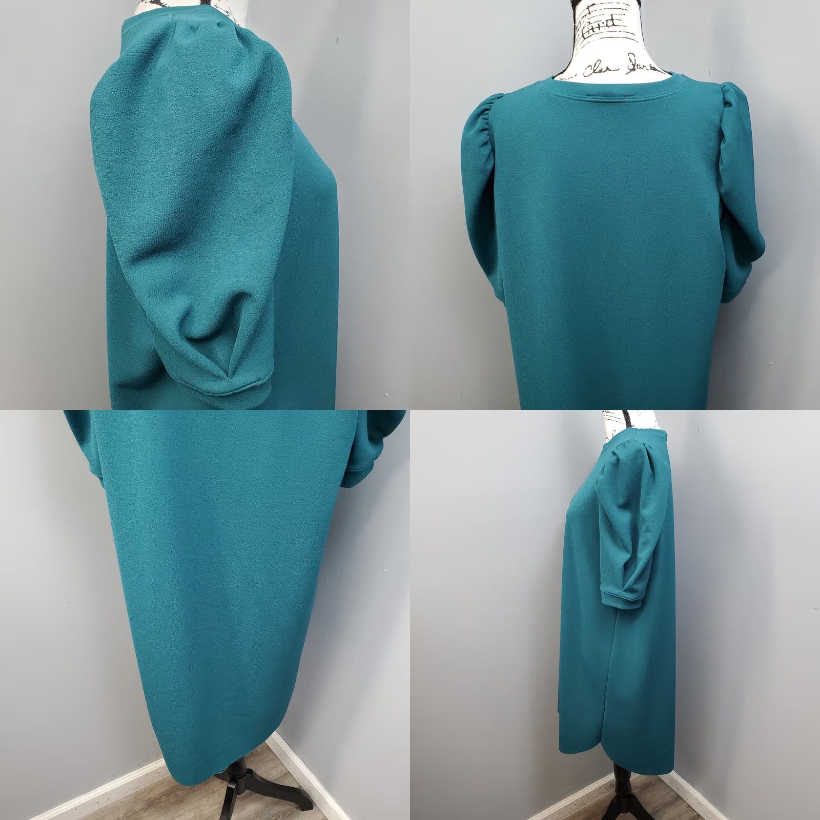 Zara Zara Womens Teal Solid Sheath Dress Size M Puff Sleeve Round Neck Pullover Midi Casual Size M / US 6-8 / IT 42-44 - 8 Thumbnail