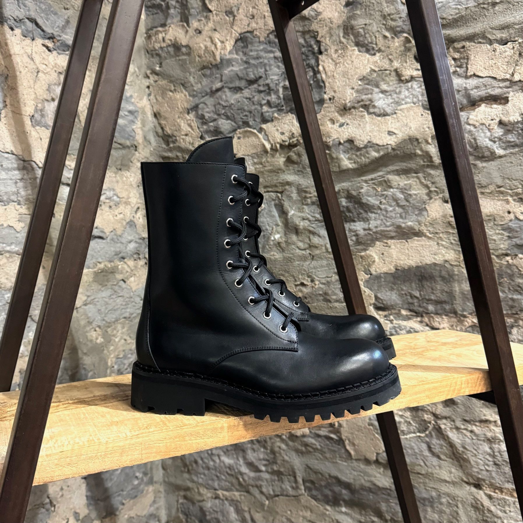 image of Moschino Black Leather Lace-Up Combat Boots, Men's (Size 10)