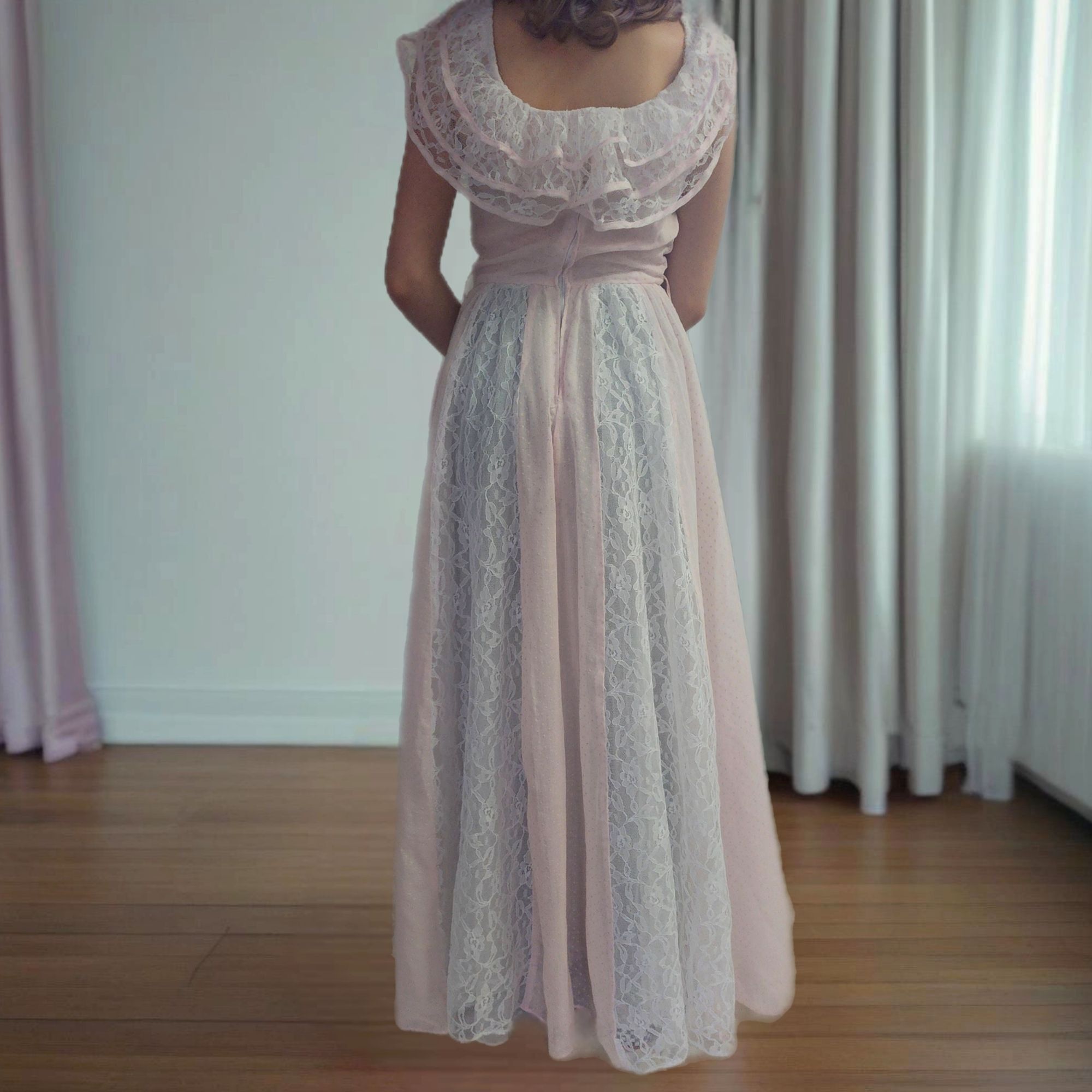 Handmade Vintage Prom Dress Halloween Costume Pink Lace Handmade Prai Size XXS / US 00 / IT 34 - 3 Thumbnail