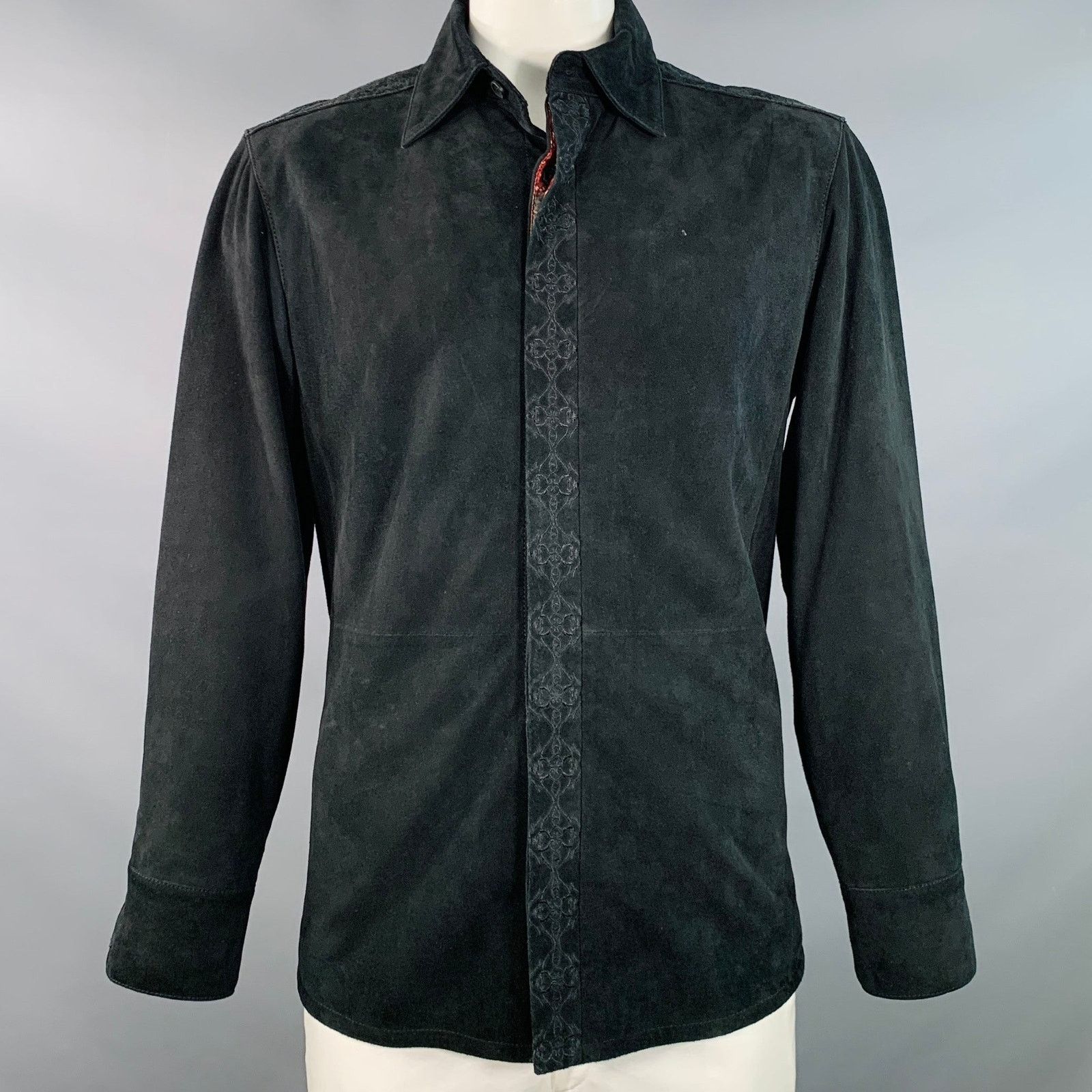Robert Graham L Black Embroidery Suede Contrast Trim Long Sleeve Shirt Size L / US 10 / IT 46 - 1 Thumbnail