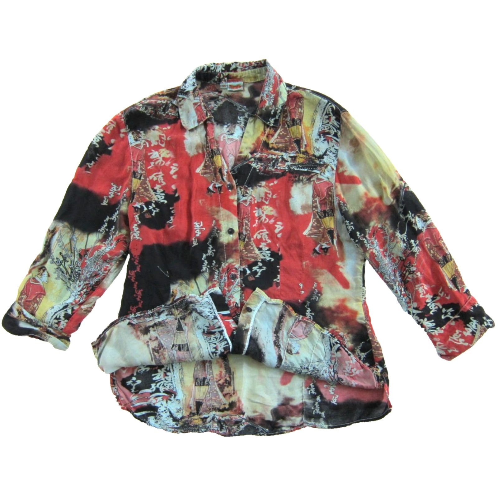 Vintage Tianello Rayon Red Blue Green Asian Button Down Collared 3/4 Sleeve Blouse XS Size XS / US 0-2 / IT 36-38 - 3 Thumbnail