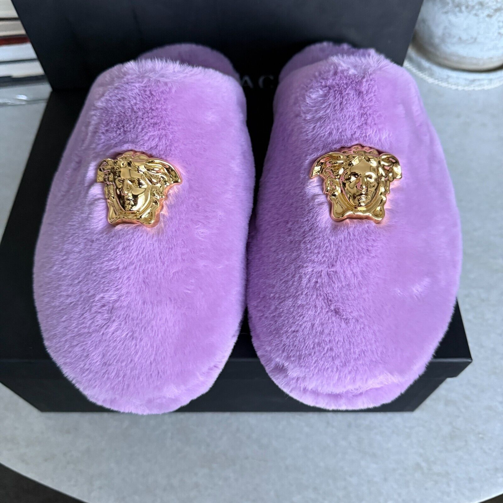 Versace VERSACE Medusa Icon Faux Fur Slippers Purple Size US 6 / IT 36 - 1 Thumbnail