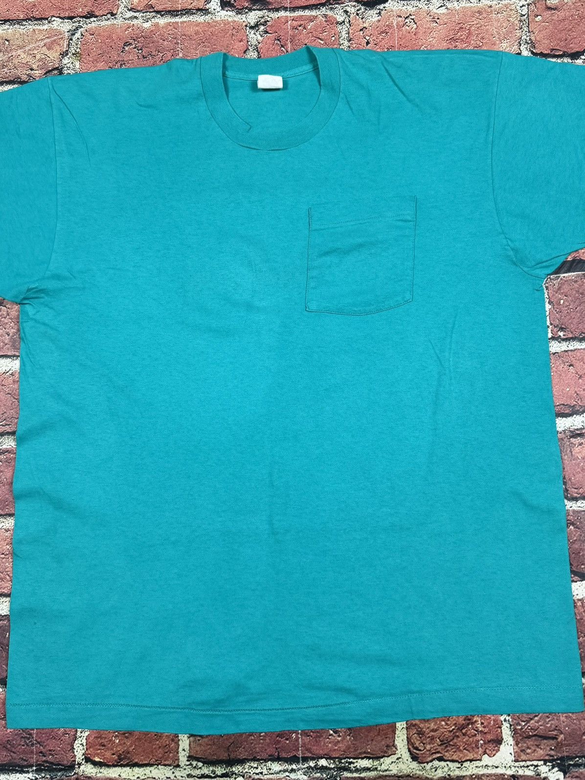 Fruit Of The Loom Vintage Turquoise Blank Selvedge Pocket Tee Single Stitch Size US XXL / EU 58 / 5 - 5 Thumbnail