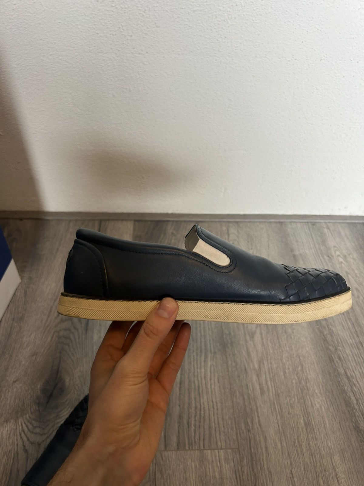 Bottega Veneta Blue Leather Slip-On Shoes with Intrecciato Detail - 41.5 Size US 8.5 / EU 41-42 - 13 Thumbnail