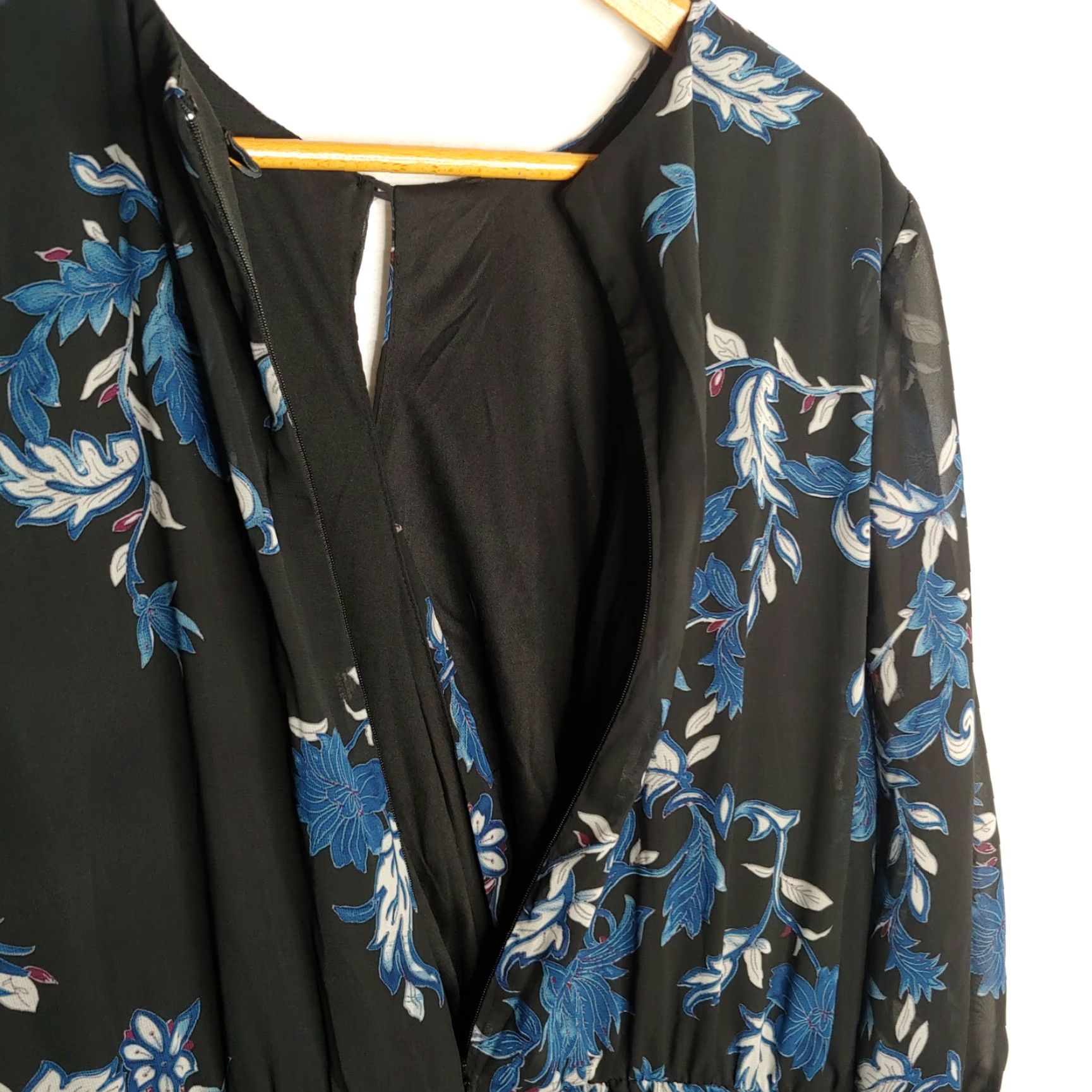 Vintage Lane Bryant Dress Women 22 Black Blue Floral Sheer Long Sleeve Party Ruffle Keyhole Blouson Womens Size 3XL / US 20-22 - 4 Thumbnail
