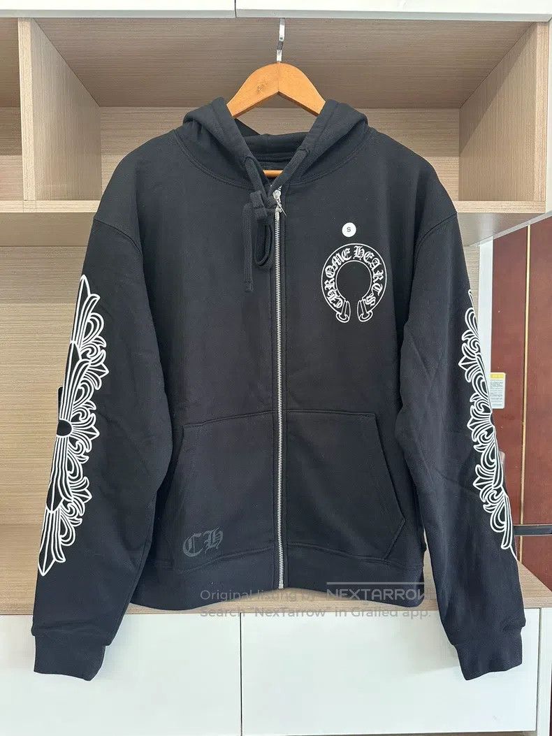 CHROME HEARTS Size S Black horseshoe arm zipper hoodie thic