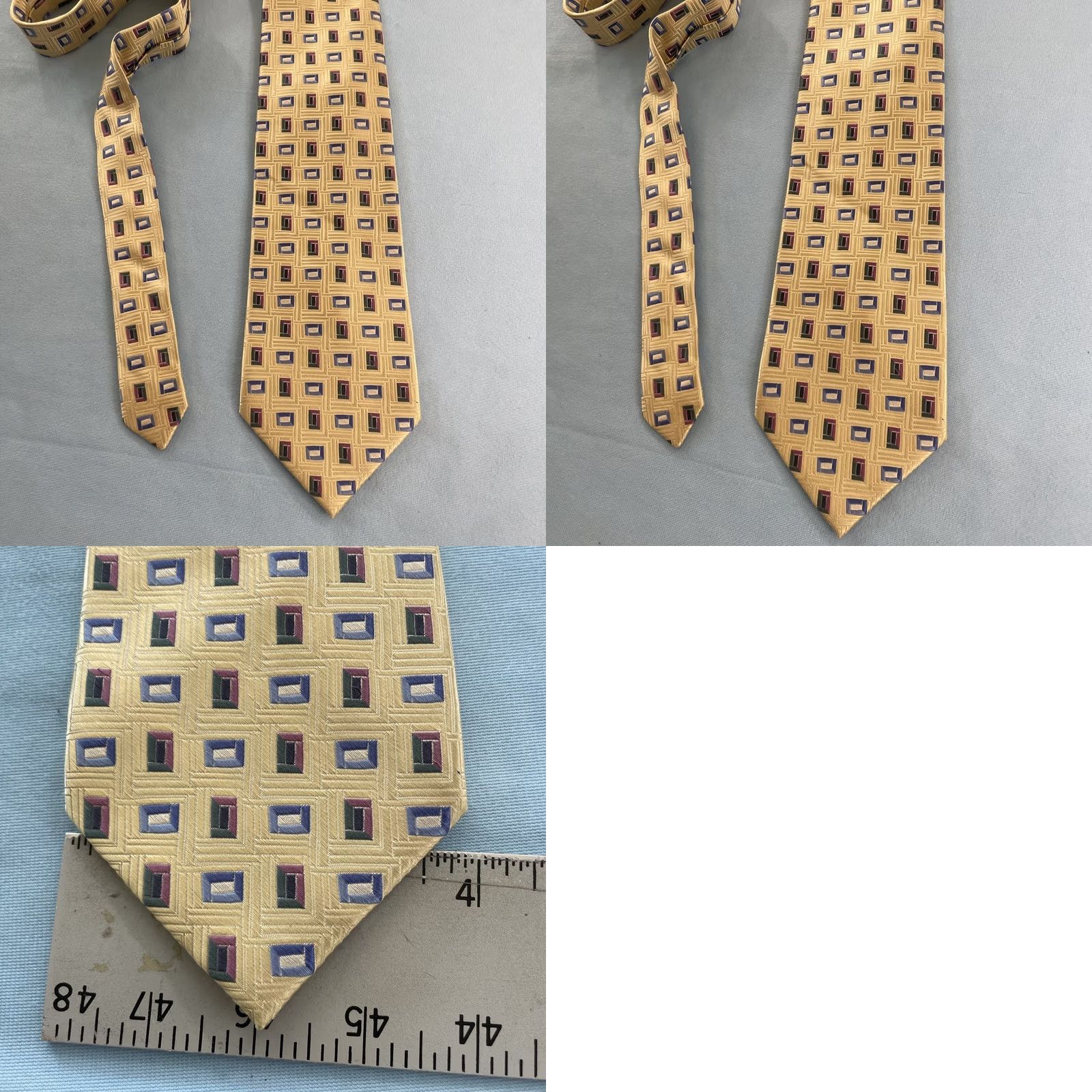 Vintage VINTAGE Tango Woven Silk Tie 61" Geometric Polka Dot Square Hand Made 4x61 Light Yellow Tie Mens 100% Silk Adjustble Some Wear Size ONE SIZE - 11 Thumbnail
