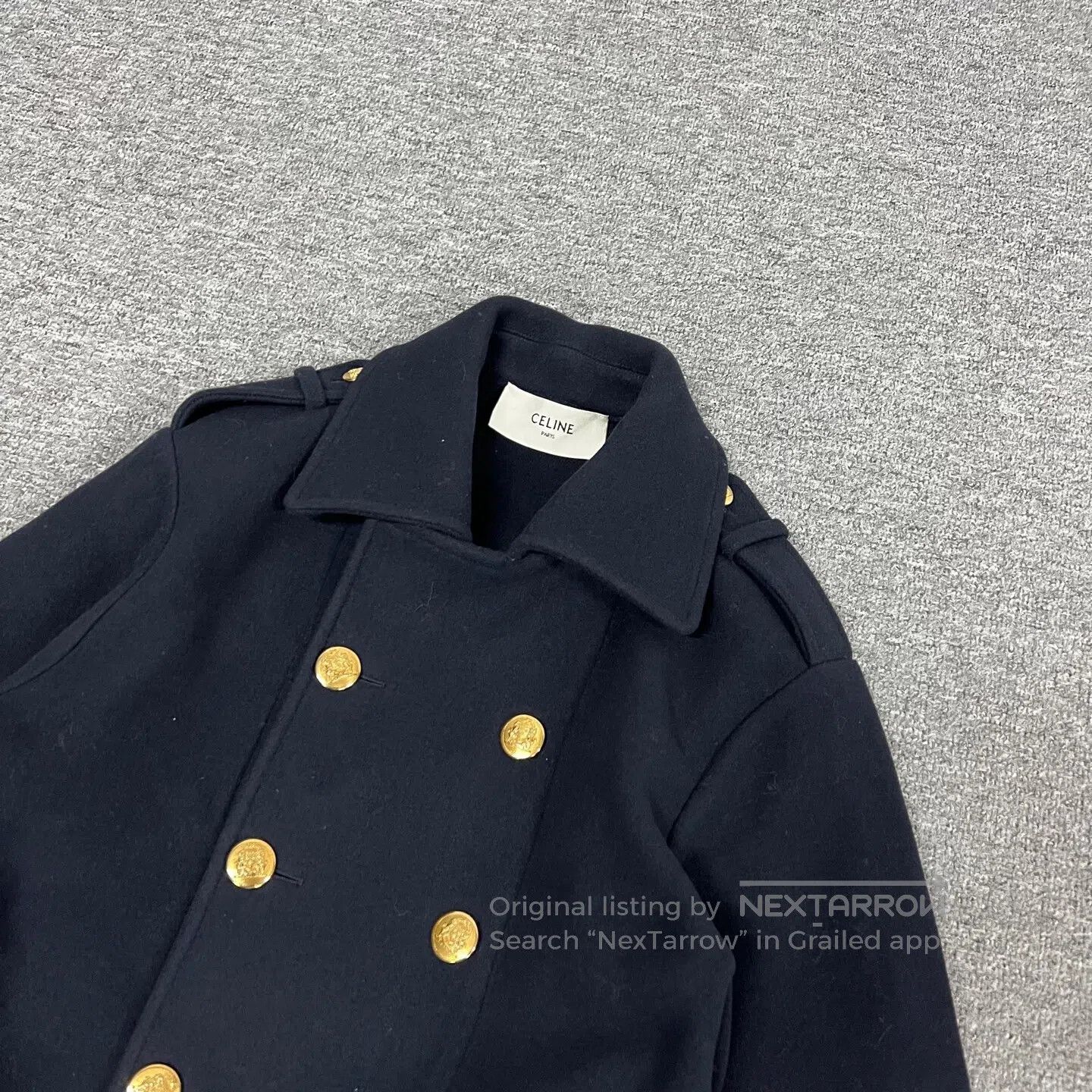 Celine CELINE SIZE 34 Gold-embossed Navy Blue Wool Coat| Size S / US 4 / IT 40 - 5 Thumbnail