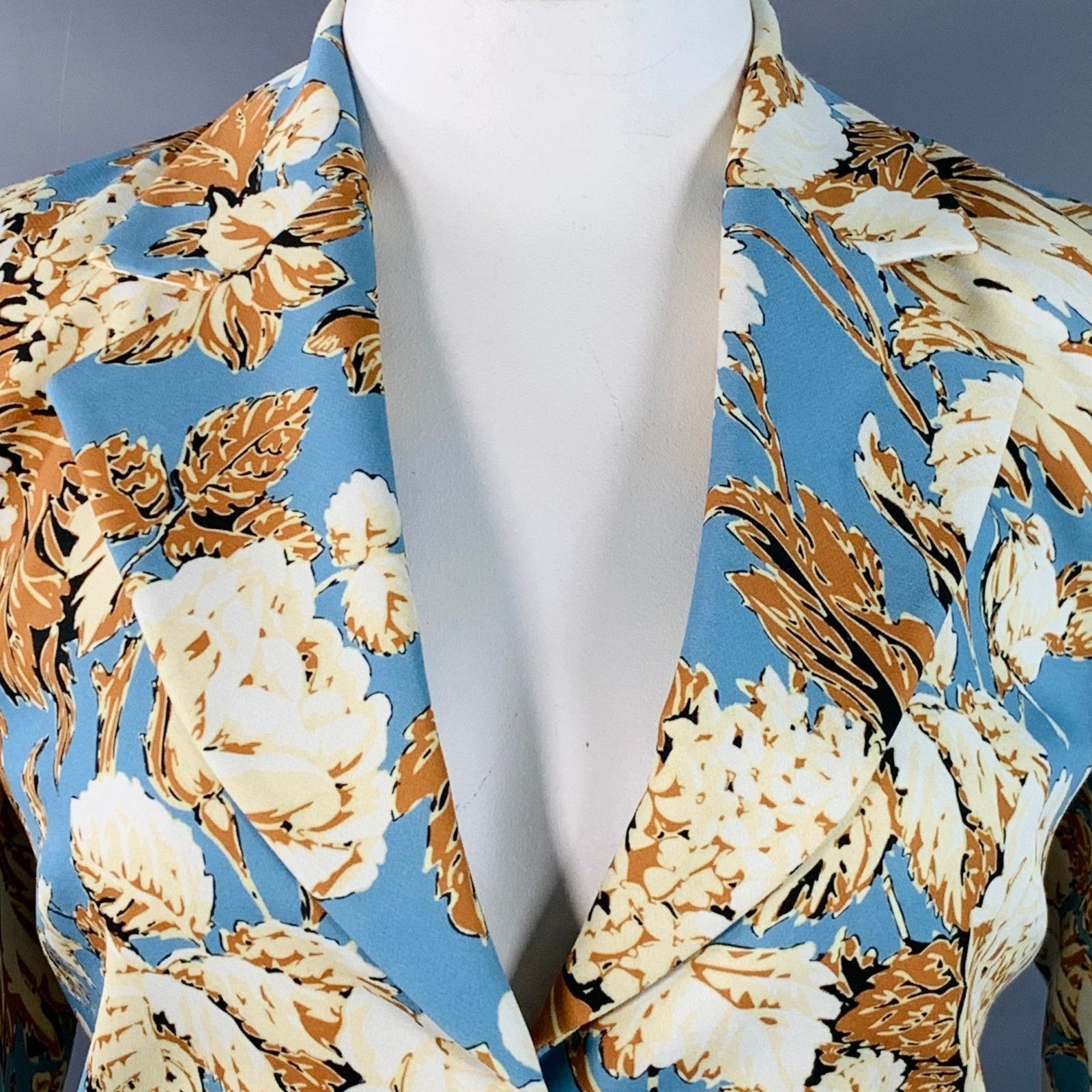 Stine Goya Blue Tan Polyester Floral Notch Lapel Zip Pockets Blazer Size L / US 10 / IT 46 - 2 Thumbnail