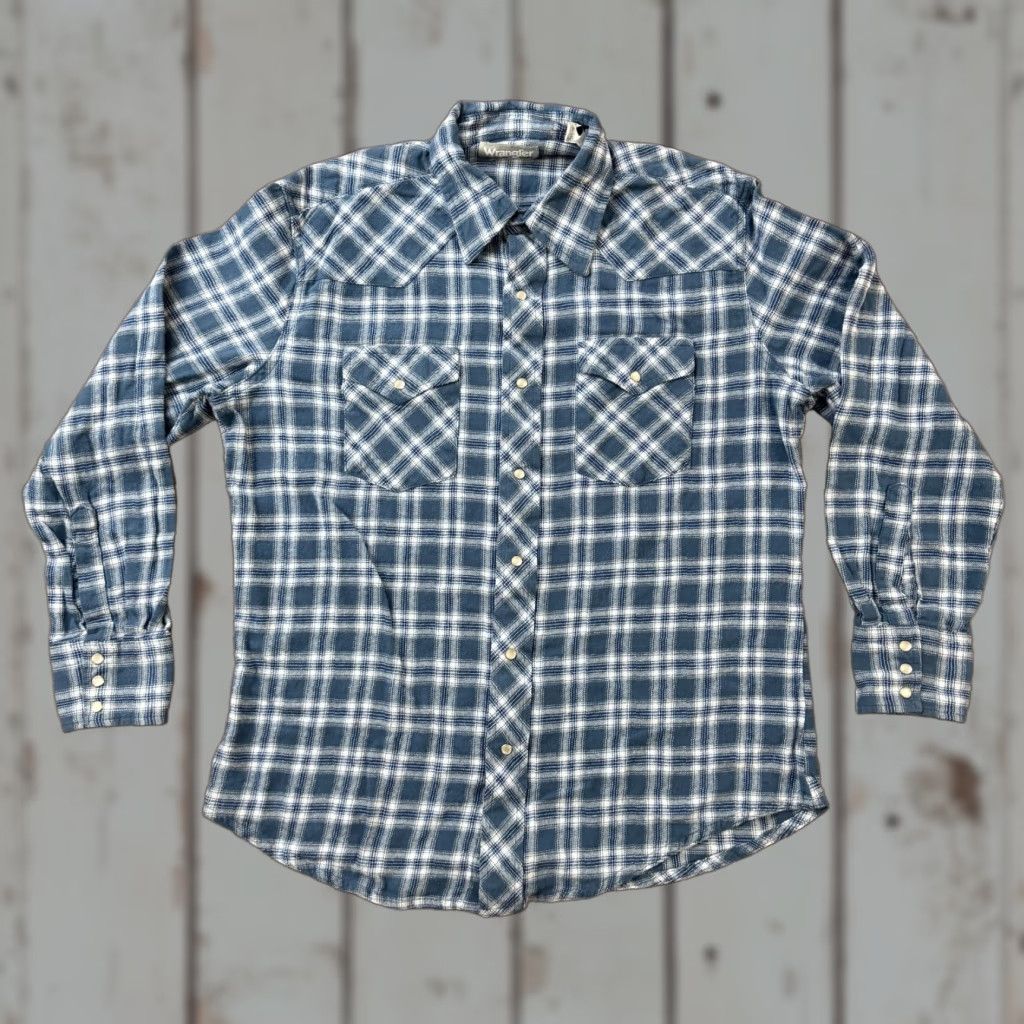 Wrangler VINTAGE Wrangler Shirt Mens L Blue Plaid Flannel Pearl Snap Long Sleeve Cotton Wrancher Size US L / EU 52-54 / 3 - 1 Thumbnail
